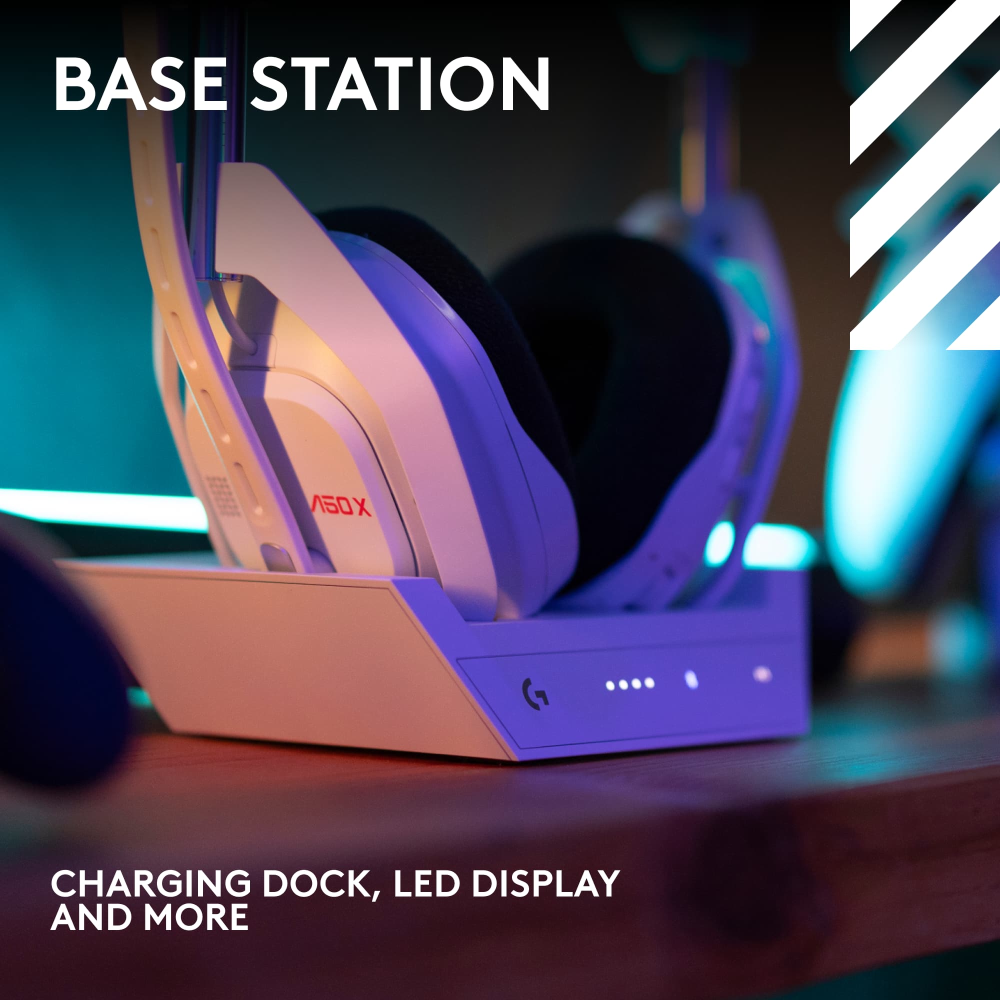 The image features a white charging station with a pair of white headphones sitting on top of it. The headphones are placed on a stand, and there is a charging dock underneath them. The charging station also has a LED display, making it a versatile and functional device.