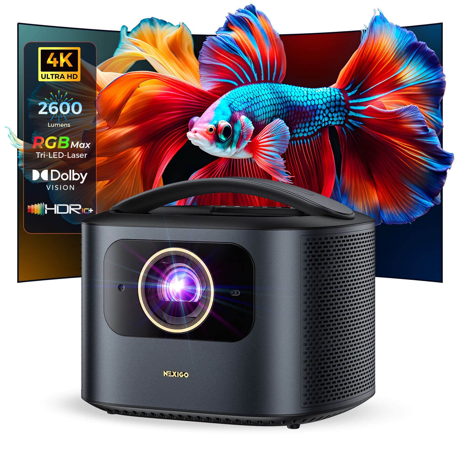 NexiGo - TriVision Ultra 4K Tri-LED-Laser Portable Projector, 80"-300", Dolby Vision, HDR10+, 2600 Lumens, 3D– - Black