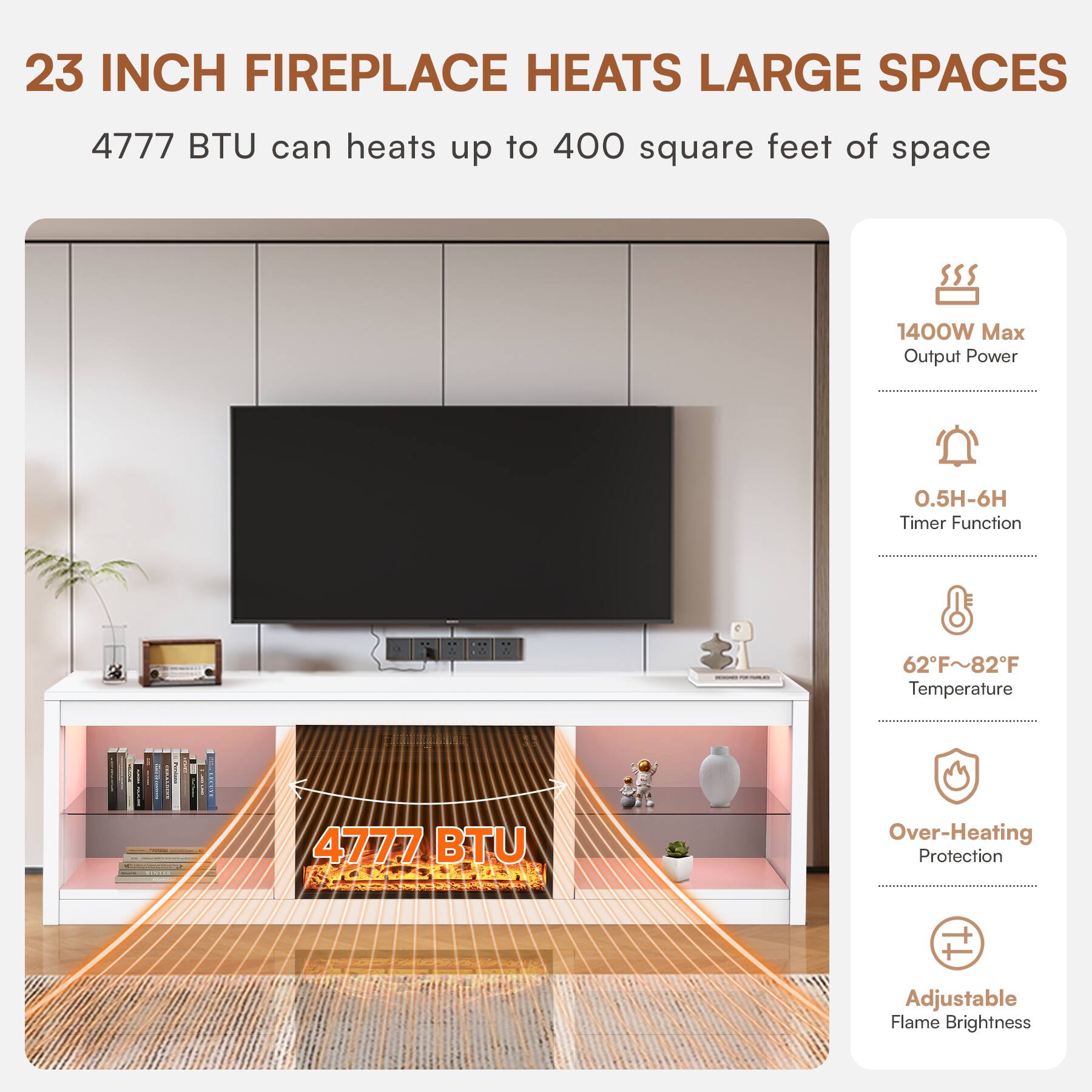23 INCH FIREPLACE HEATS LARGE SPACES

4777 BTU can heats up to 400 square feet of space

1400W Max Output Power

0.5H-6H Timer Function

62°F~82°F Temperature

Over-Heating Protection

Adjustable Flame Brightness