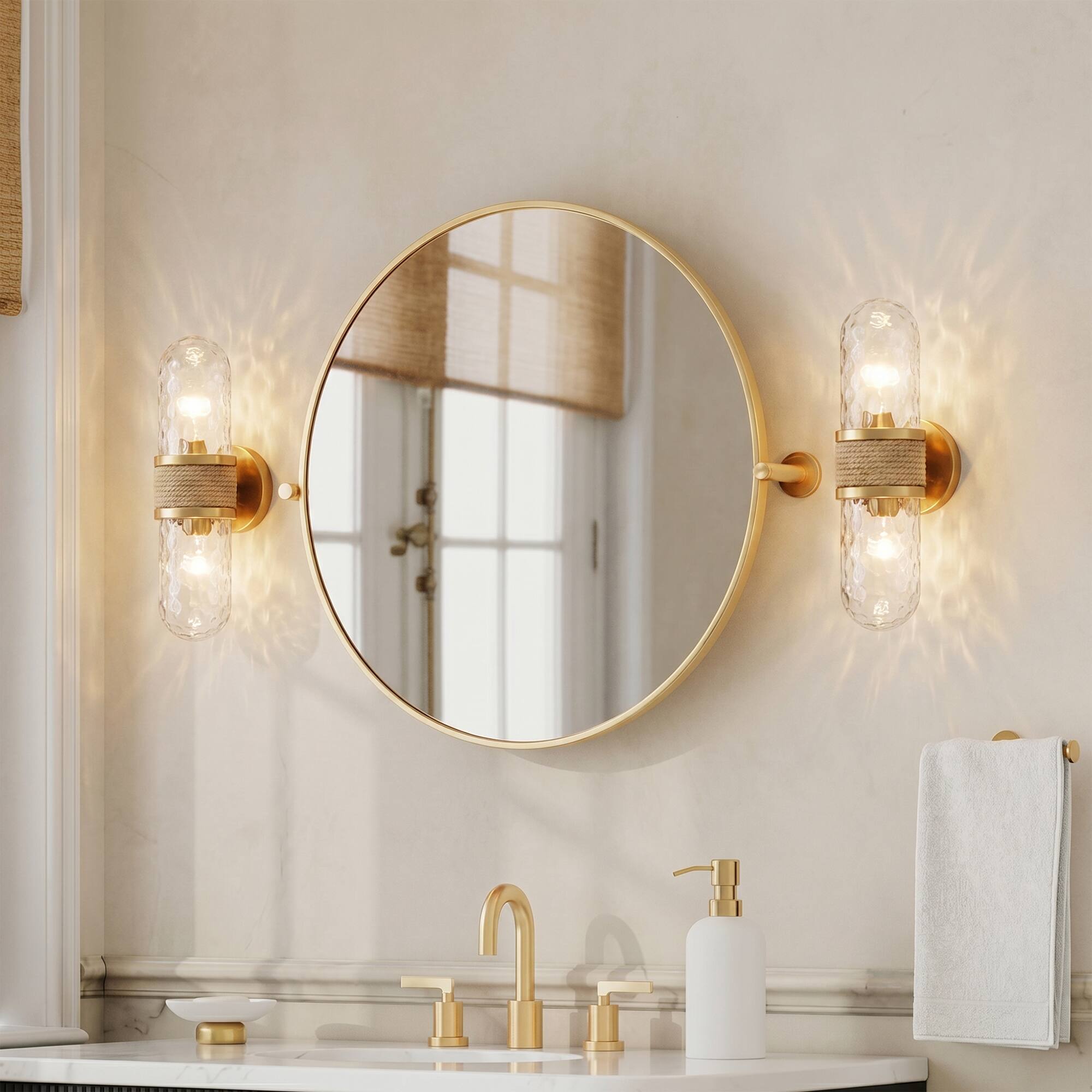 Alt View 2. Parrot Uncle - Modern Gold 2-Light Glass Rattan Jute Rope Bathroom Vanity Light Fixture - Gold.