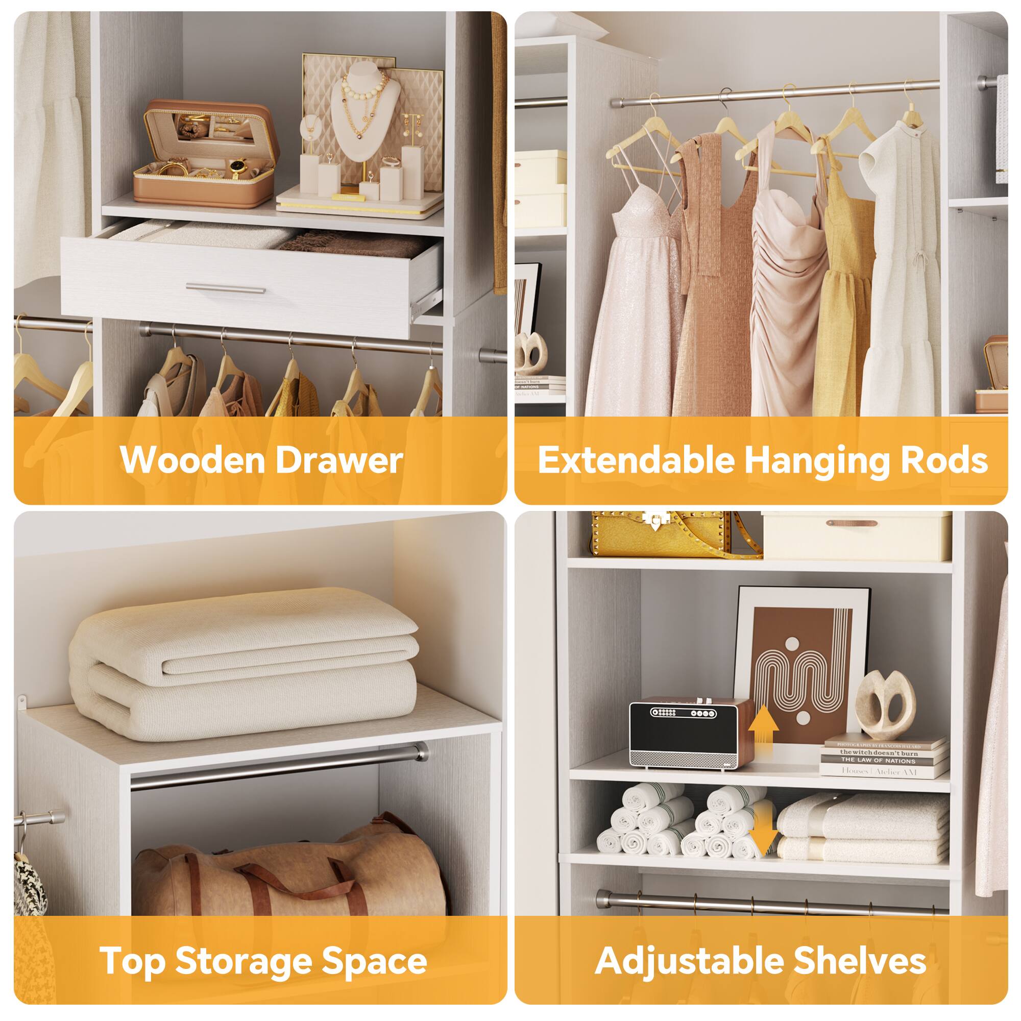 HAO TE Wooden Drawer Extendable Hanging Rods - MATENS - Top Storage Space Adjustable Shelves