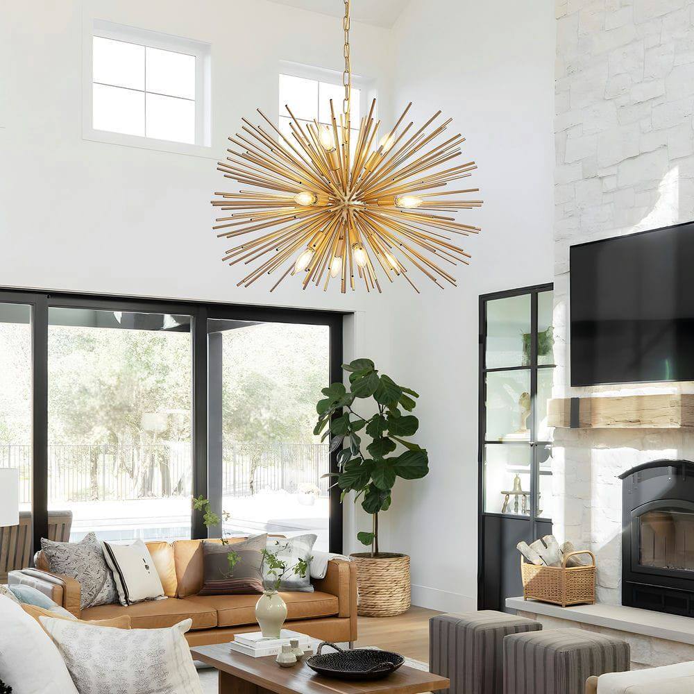 Alt View 6. Kadyn - 29" Mid-Century Modern 12-Light Starburst Chandelier – Gold Sputnik Pendant Light Fixture, Gold - Gold.