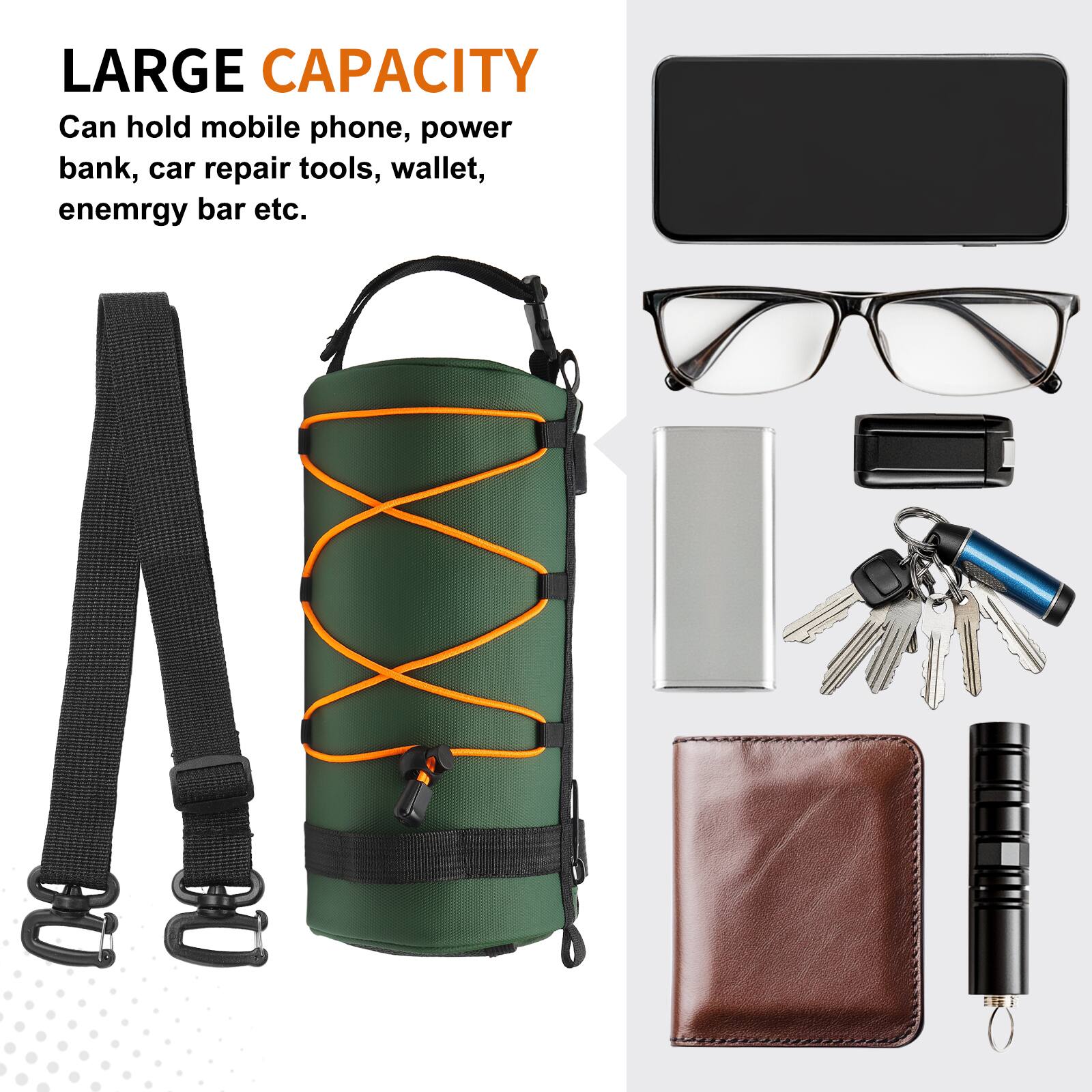 LARGE CAPACITY  
Can hold mobile phone, power bank, car repair tools, wallet, energy bar etc.