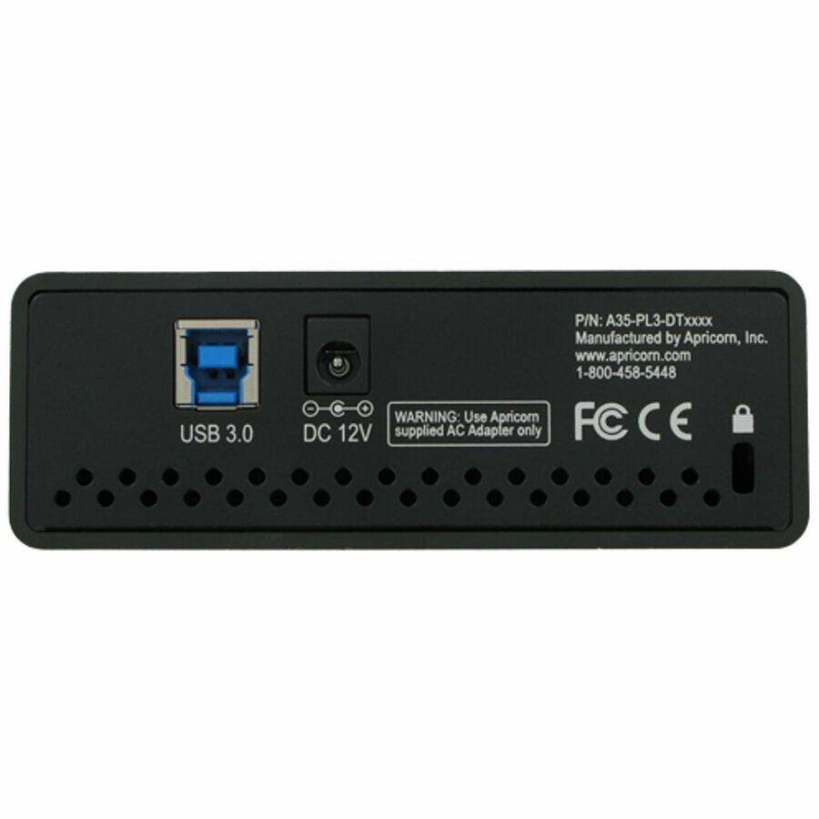 USB 3.0  
P/N: A35-PL3-DTxxxx  
Manufactured by Apricorn, Inc.  
www.apricorn.com  
1-800-458-5448  

WARNING: Use Apricorn FC CE DC 12V supplied AC Adapter only  

USB 3.0  
DC 12V