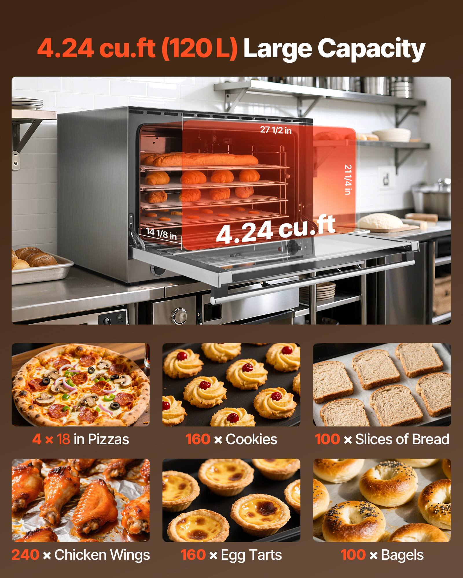4.24 cu.ft (120L) Large Capacity

14 1/8 in
27 1/2 in
21 1/4 in

4.24 cu.ft

4 X 18 in Pizzas
160 X Cookies
100 X Slices of Bread
240 X Chicken Wings
160 X Egg Tarts
100 X Bagels