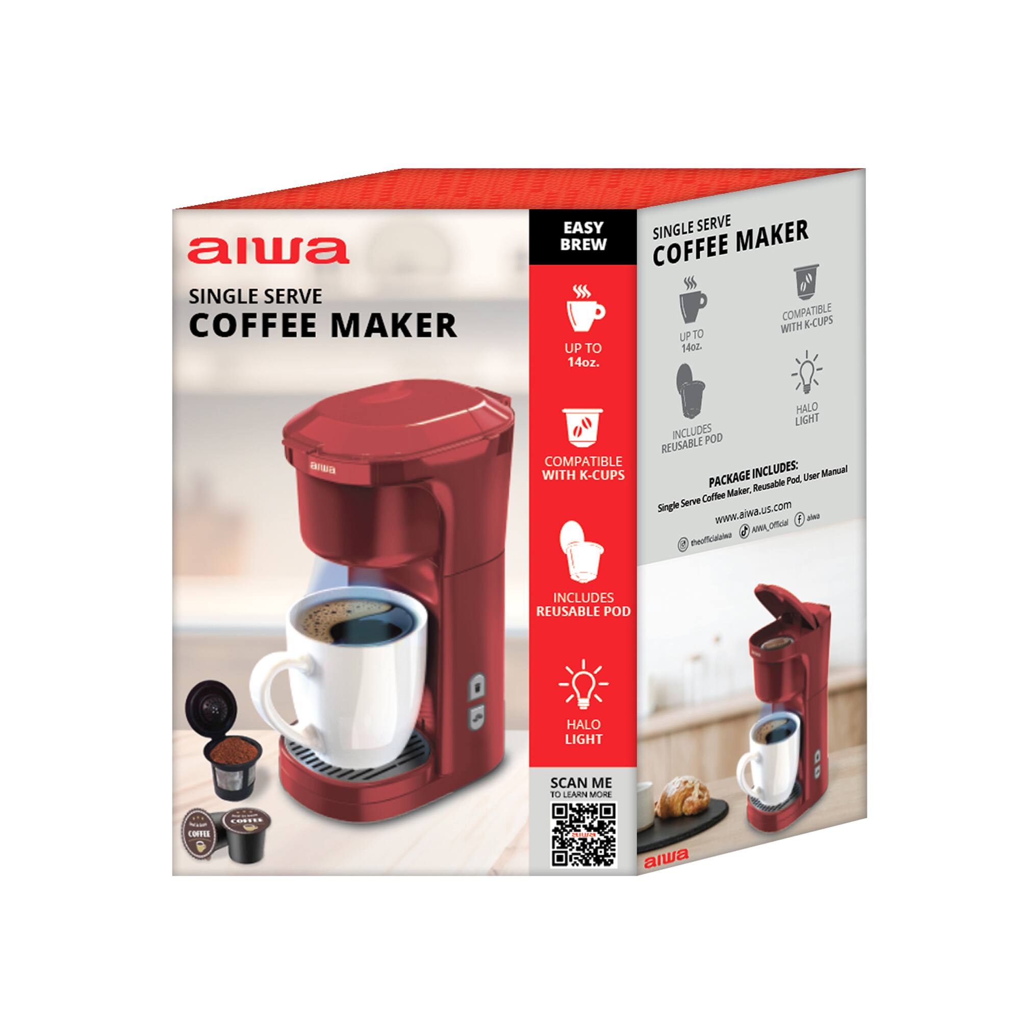 alwa SINGLE SERVE COFFEE MAKER EASY BREW UP TO 14oz. SINGLE SERVE COFFEE MAKER COMPATIBLE WITH K-CUPS UP TO 1oz.  HALO LIGHT INCLUDES POD REUSABLE COMPATIBLE WITH K-CUPS PACKAGE INCLUDES: Single Serve Coffee Maker, Reusable Pod, User Manual. www.aiwa.us.com SCAN ME - LEARN MORE