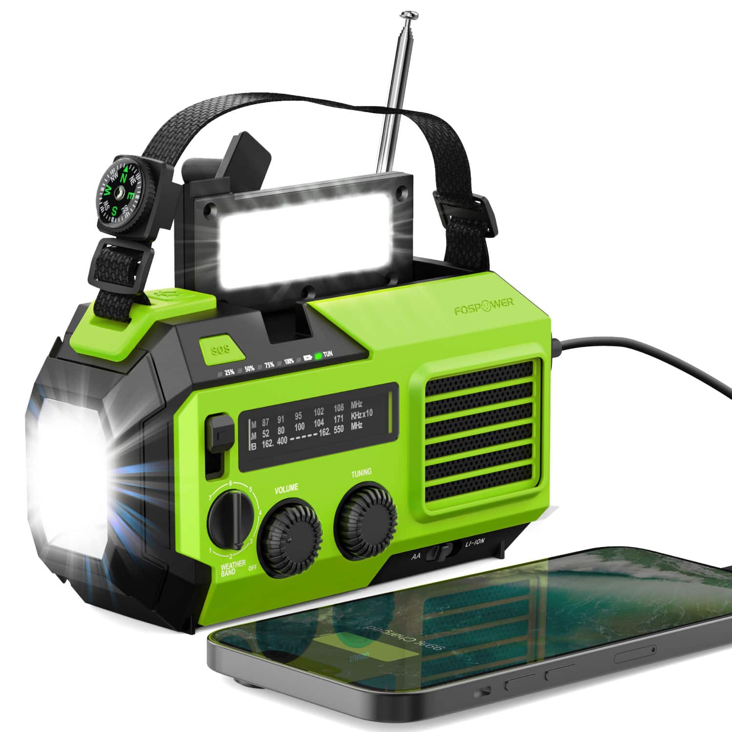 FosPower - Emergency Solar Hand Crank Radio for with AM/FM/WB Flashlight, Weather SOS Alarm, IPX3 & 5,200mAh Power Bank, Lime - Green