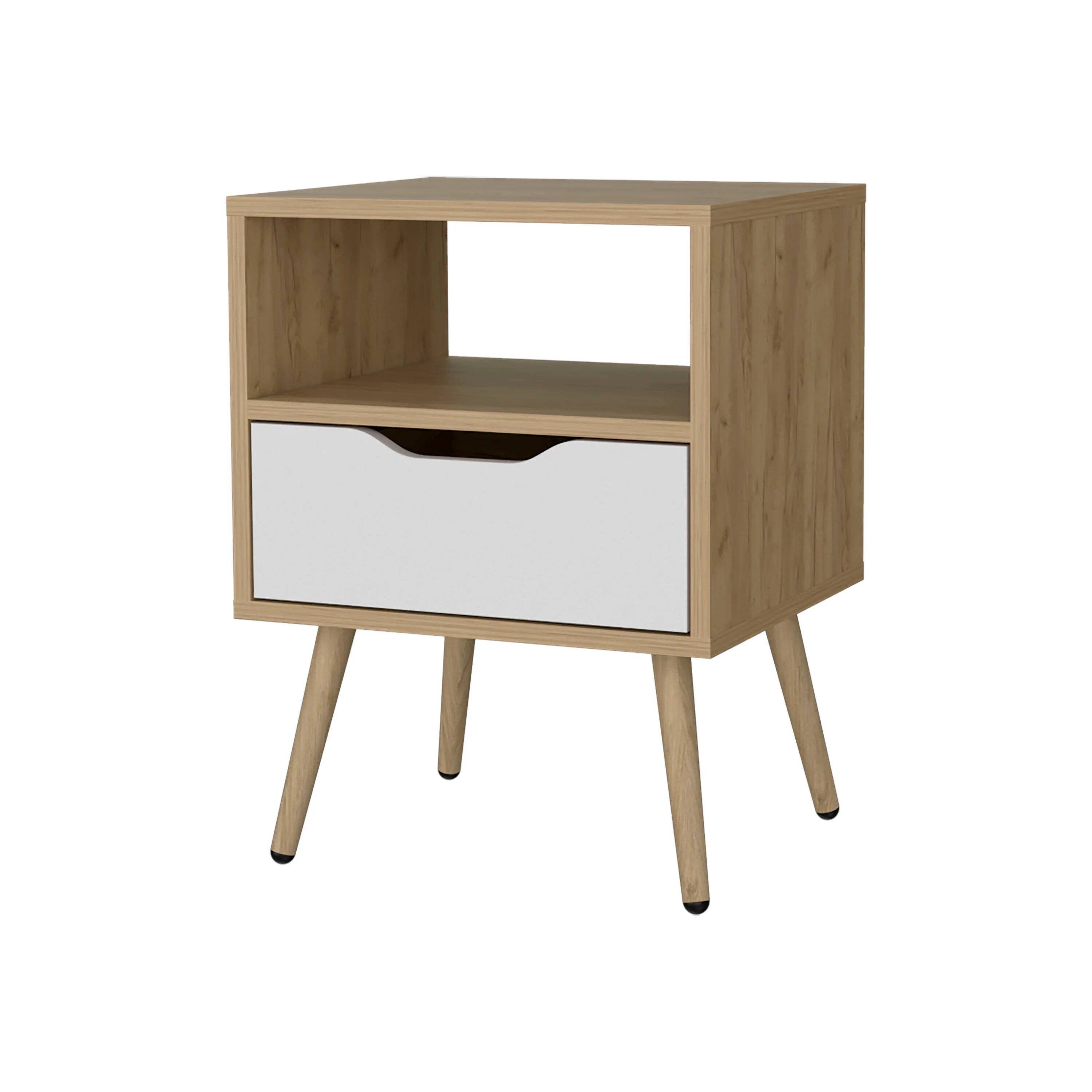Front. Tiramisubest - Natural Oak and White Nightstand with Open Storage - Brown.