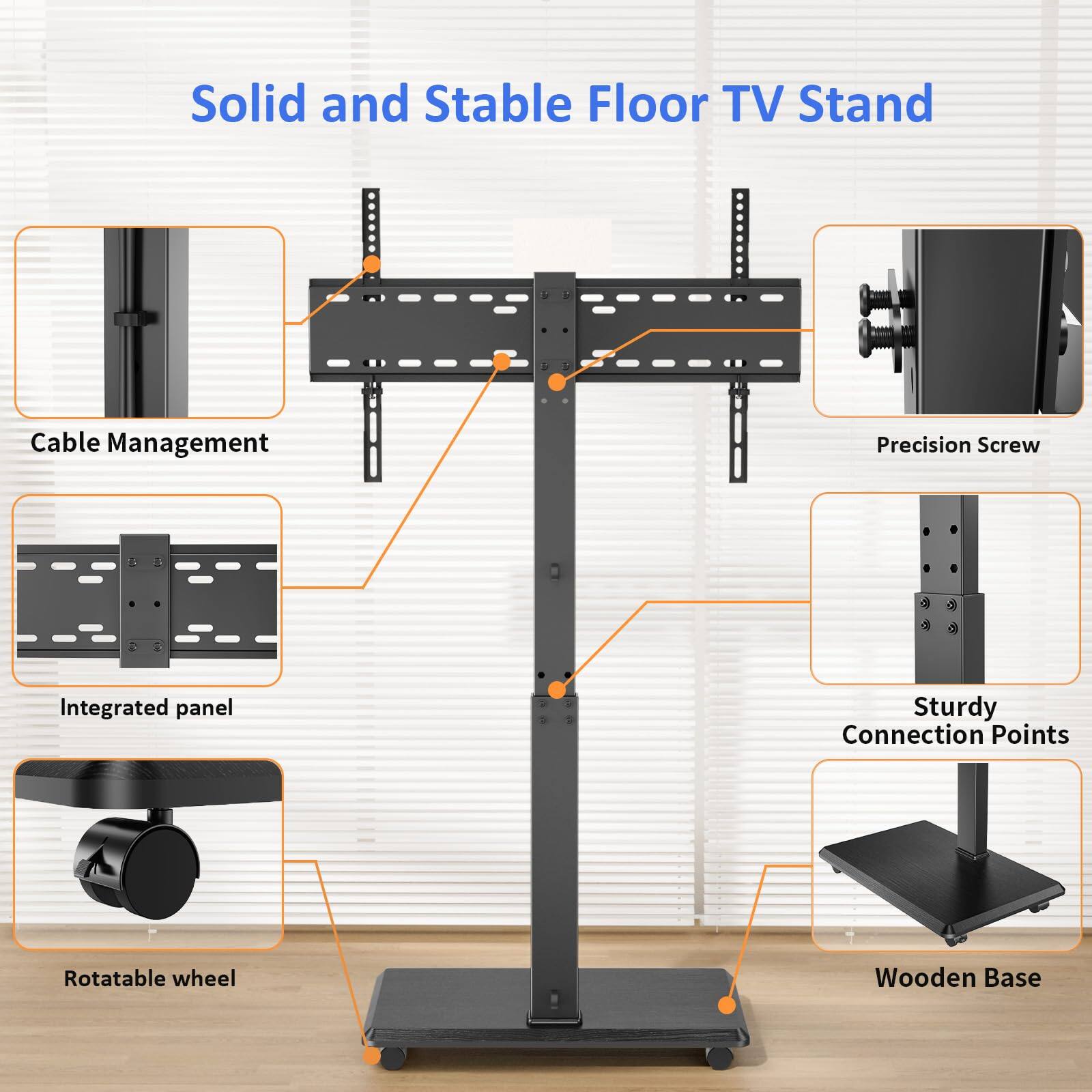 Solid and Stable Floor TV Stand

- Cable Management
- Precision Screw
- Integrated panel
- Sturdy Connection Points
- Rotatable wheel
- Wooden Base