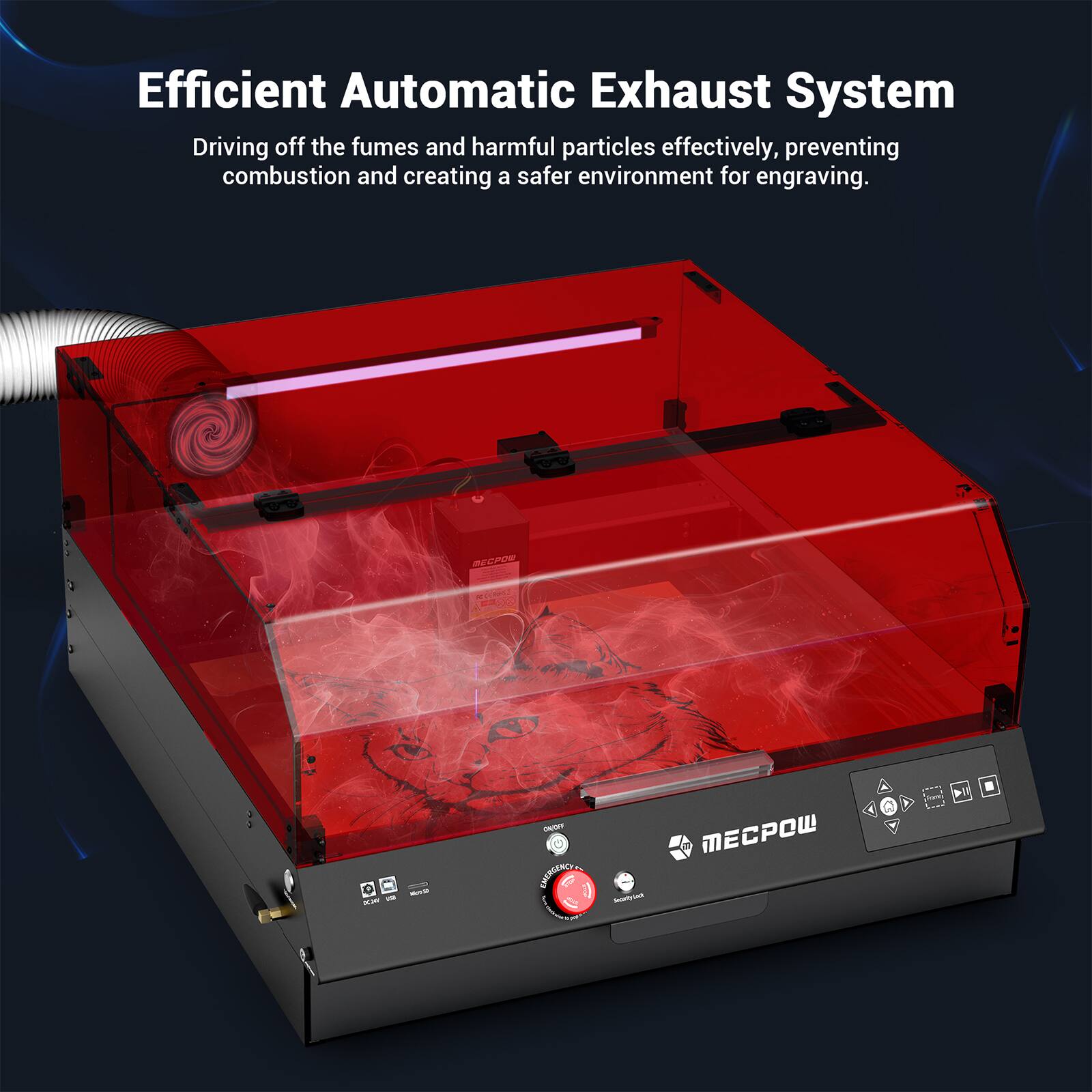 Efficient Automatic Exhaust System: Driving off the fumes and harmful particles effectively, preventing combustion and creating a safer environment for engraving. MECPOW.