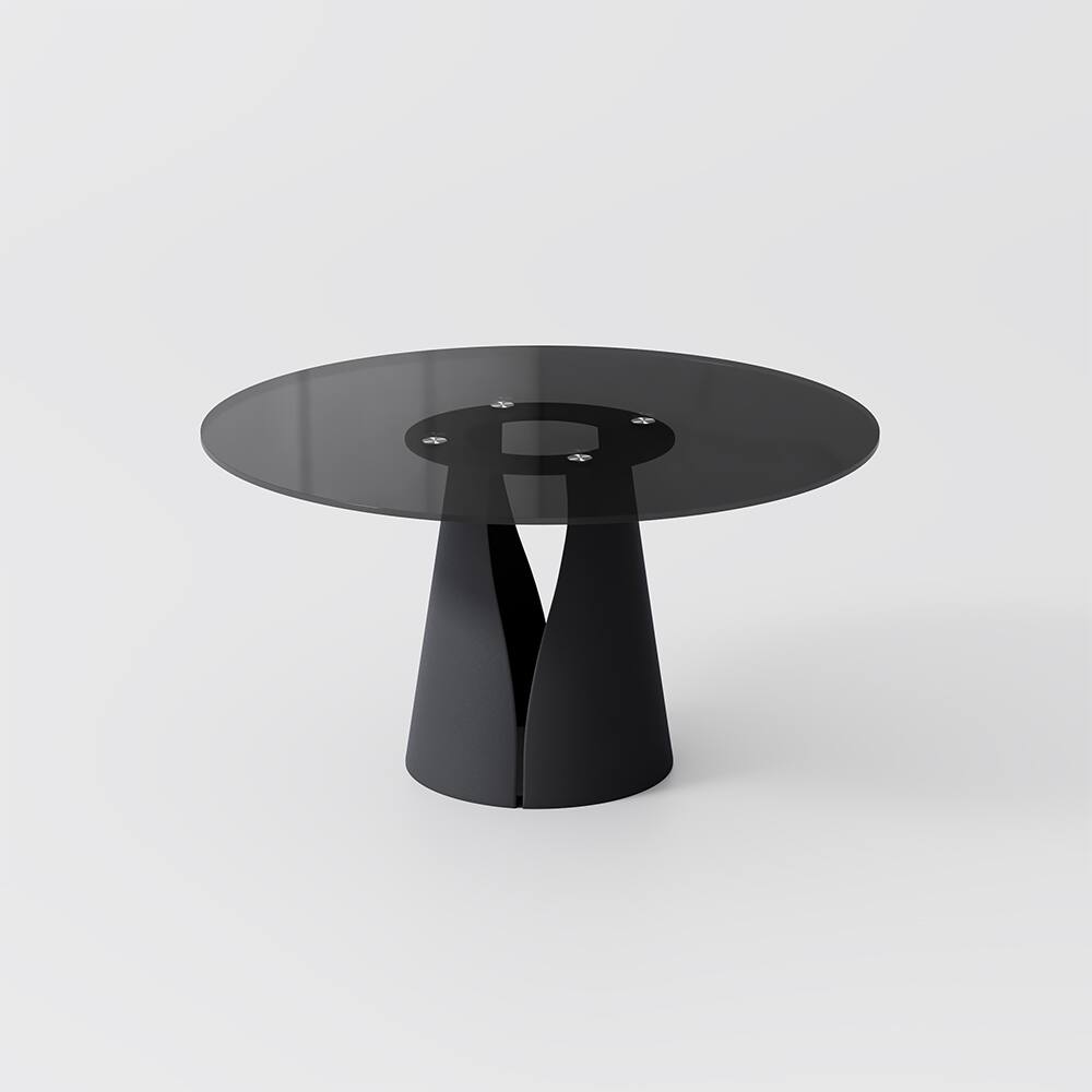 Alt View 7. POVISON - 59" Modern Black Round Dining Table For 6, Tempered Glass Tabletop,Carbon Steel Base - Gray Glass & Black Steel Base.