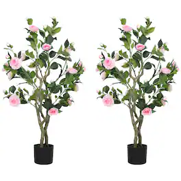 Homcom - Set of 2 Decorative Artificial Plants, Camellia Flowers in Pots, Fake Plants for Home Indoor Outdoor Decor - Pink