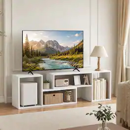 WELLFOR - Modern TV Stand for TVs up to 55 Inch, Adjustable Entertainment Center with Storage Cubes for Living Room - White