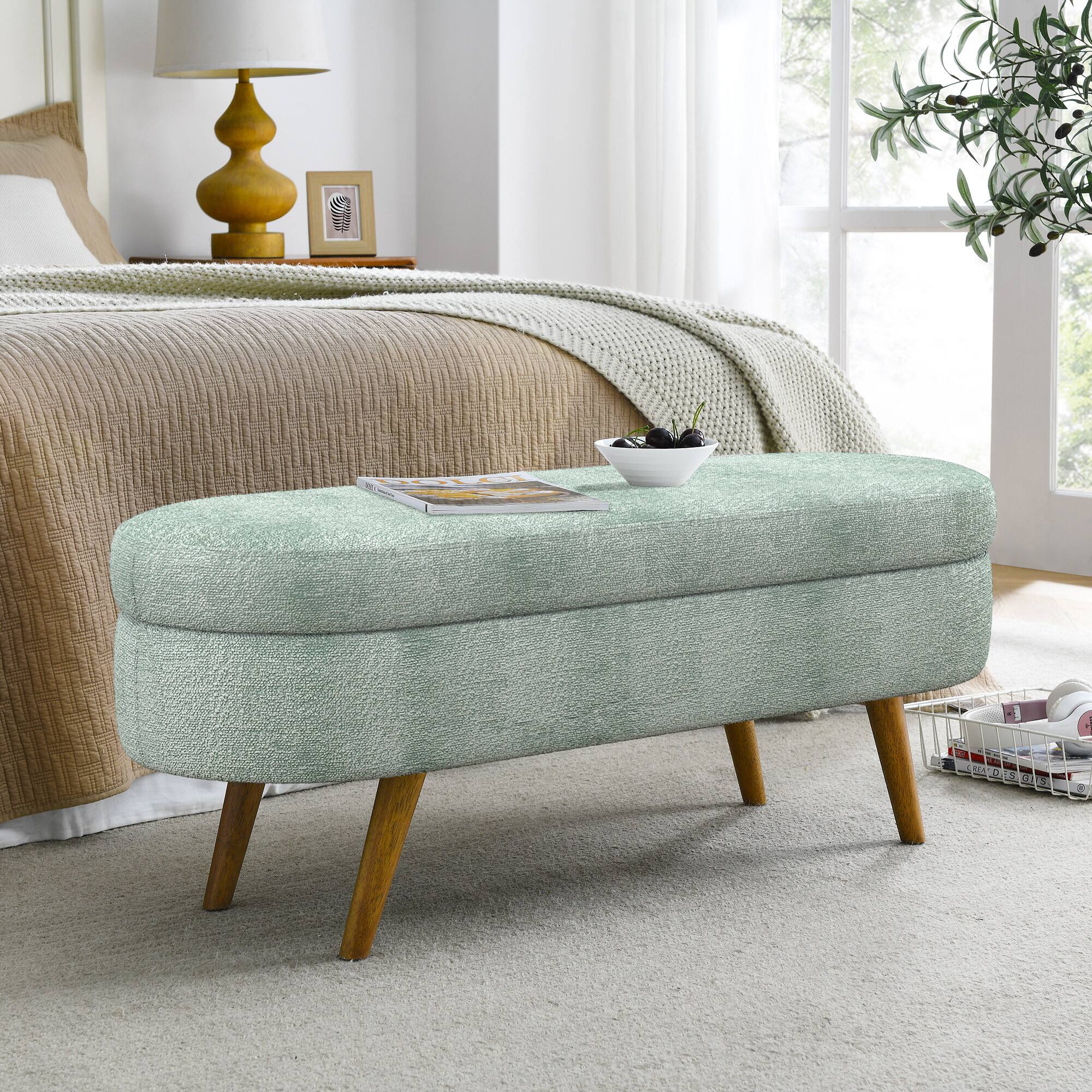 Left. GOODSILO - Elegant Fabric Storage Ottoman Bench with Wooden Legs for Living Room or Bedroom Footrest and Seating - Cyan.