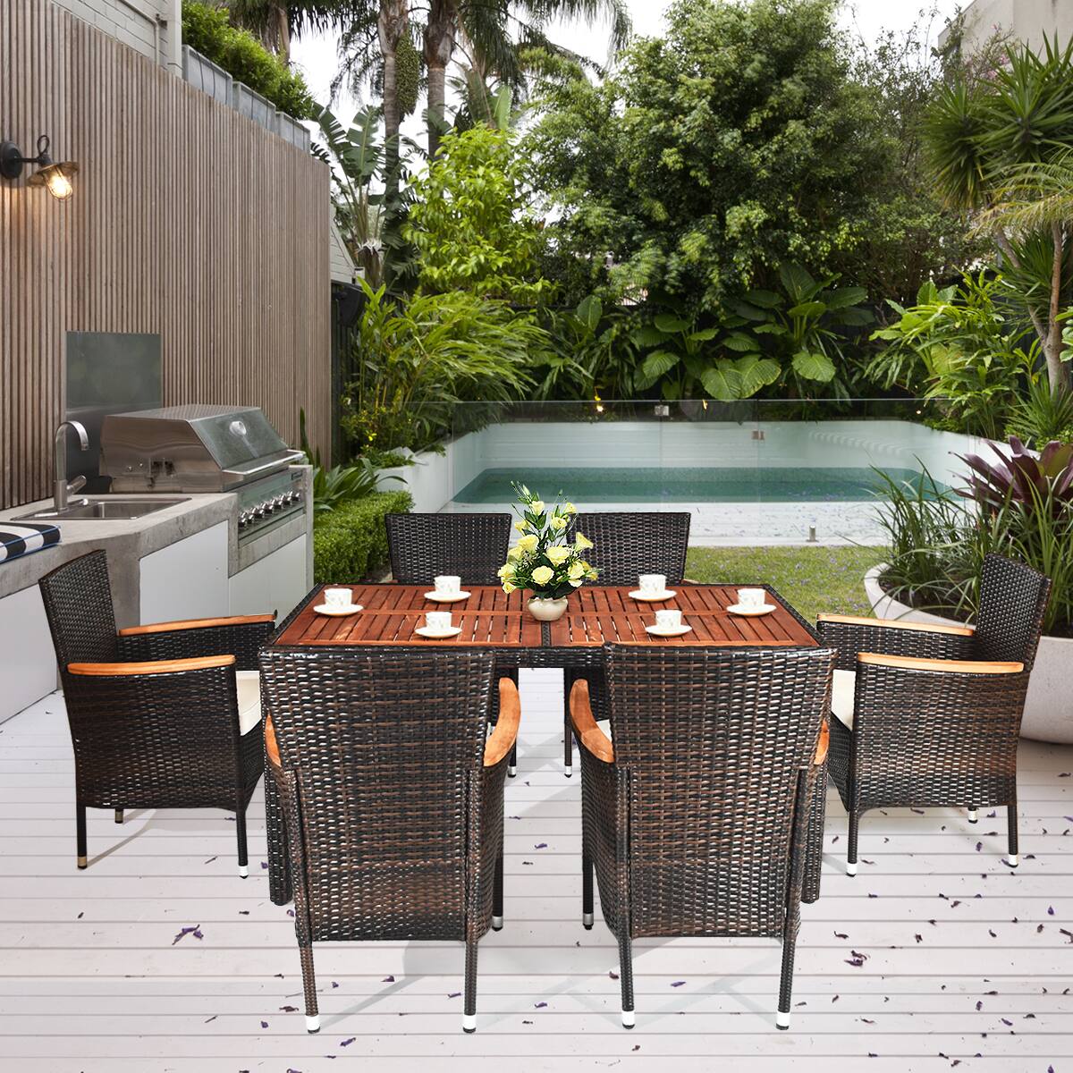 Alt View 3. Gymax - Gymax 7pcs Patio Rattan Dining Set 6 Stackable Cushioned Chairs Patio - as pic.
