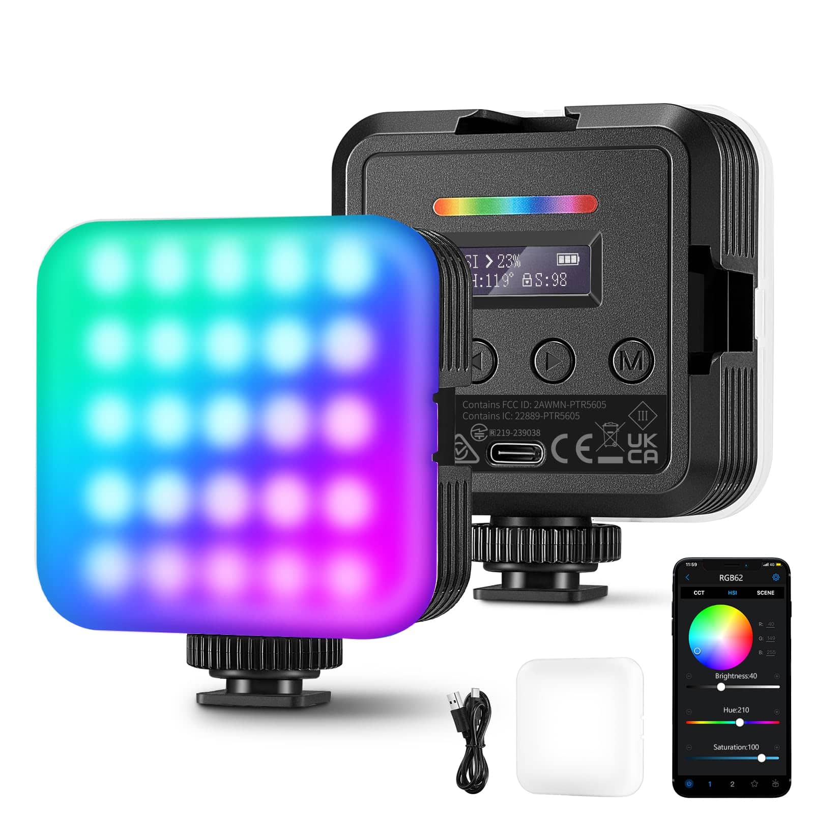 Neewer - RGB62 Magnetic RGB Video Light - APP Controlled 360° Full Color with 3 Cold Shoes for Camera