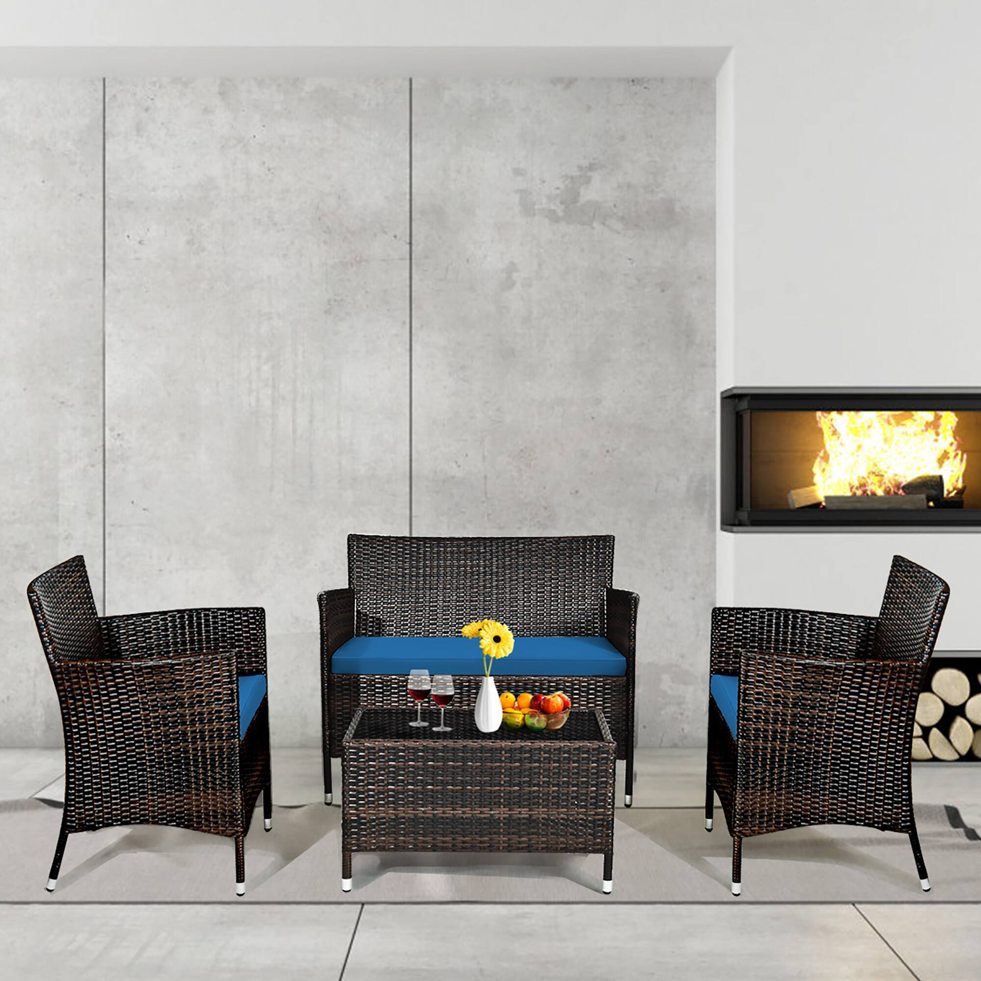 Alt View 3. Gymax - Gymax 4PCS Patio Rattan Conversation Furniture Set Outdoor w/ Peacock Blue Cushion - Peacock Blue.