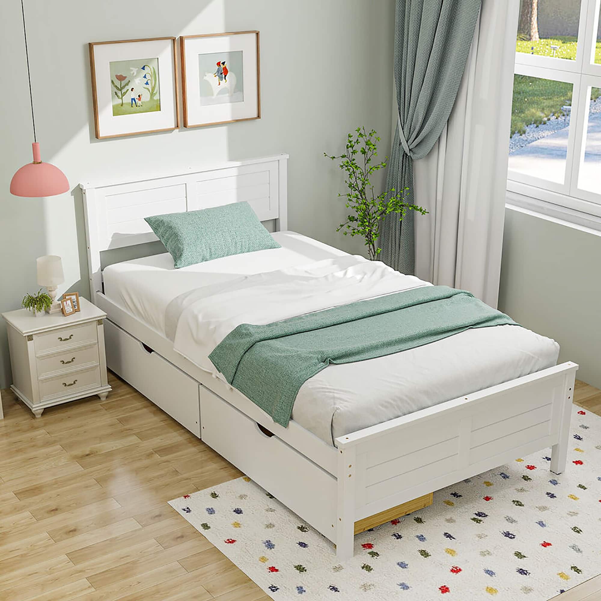 Gymax - Twin Size Wooden Bed Frame w/ 2 Storage Drawers & Under-bed Storage - White