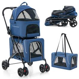 Costway - Double Pet Stroller for 2 Dogs or Cats w/ 2 Detachable Carriers Safety Belt