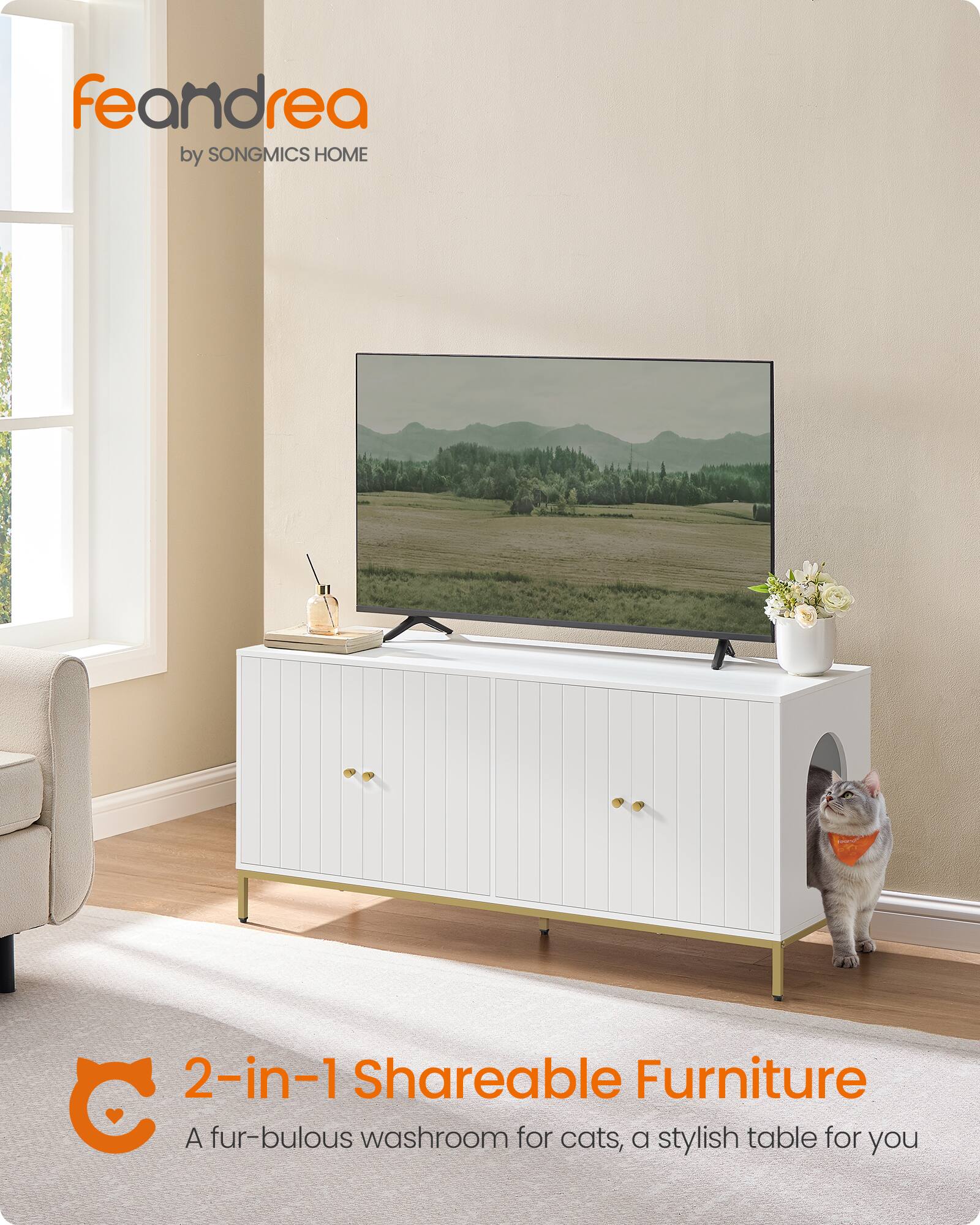 feandrea by SONGMICS HOME

2-in-1 Shareable Furniture
A fur-bulous washroom for cats, a stylish table for you