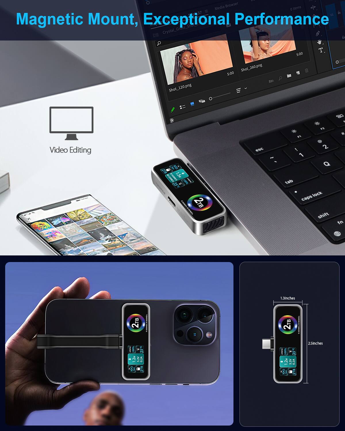 The text on the image is grouped and corrected as follows:

1. Magnetic Mount, Exceptional Performance:
	* Crystal_Grass_Sho 6 Shot_120.png
	* K Shot_260.png
2. Video Editing:
	* 21 e CDNTIM 1.5m 35  I I 2T esc - FS
3. Tab lock, caps lock, shift:
	* M In 1.3inches 2TB ! 2T 1O0 AS 900% BT AT'S 02A 25inches