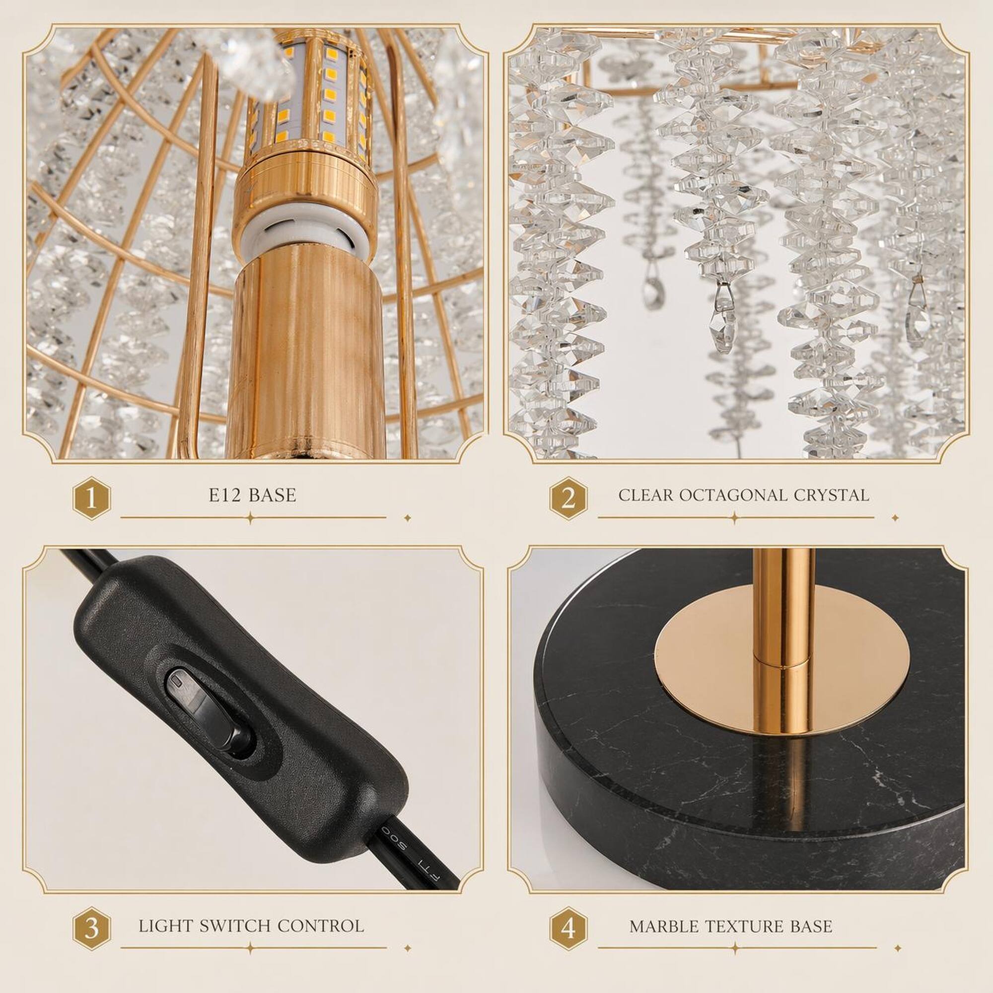 1. E12 BASE
2. CLEAR OCTAGONAL CRYSTAL
3. LIGHT SWITCH CONTROL
4. MARBLE TEXTURE BASE