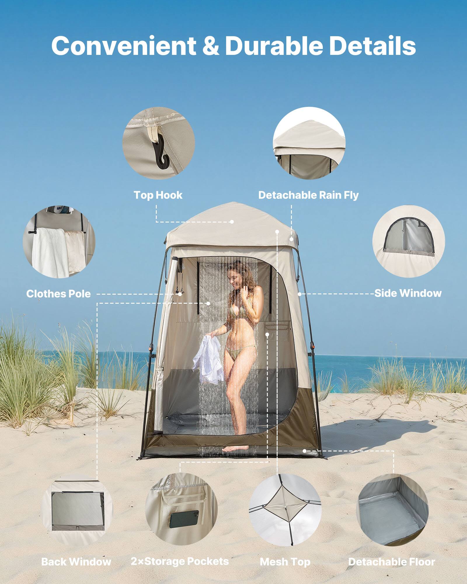 Convenient & Durable Details

- Top Hook
- Detachable Rain Fly
- Clothes Pole
- Side Window
- Back Window
- 2x Storage Pockets
- Mesh Top
- Detachable Floor
