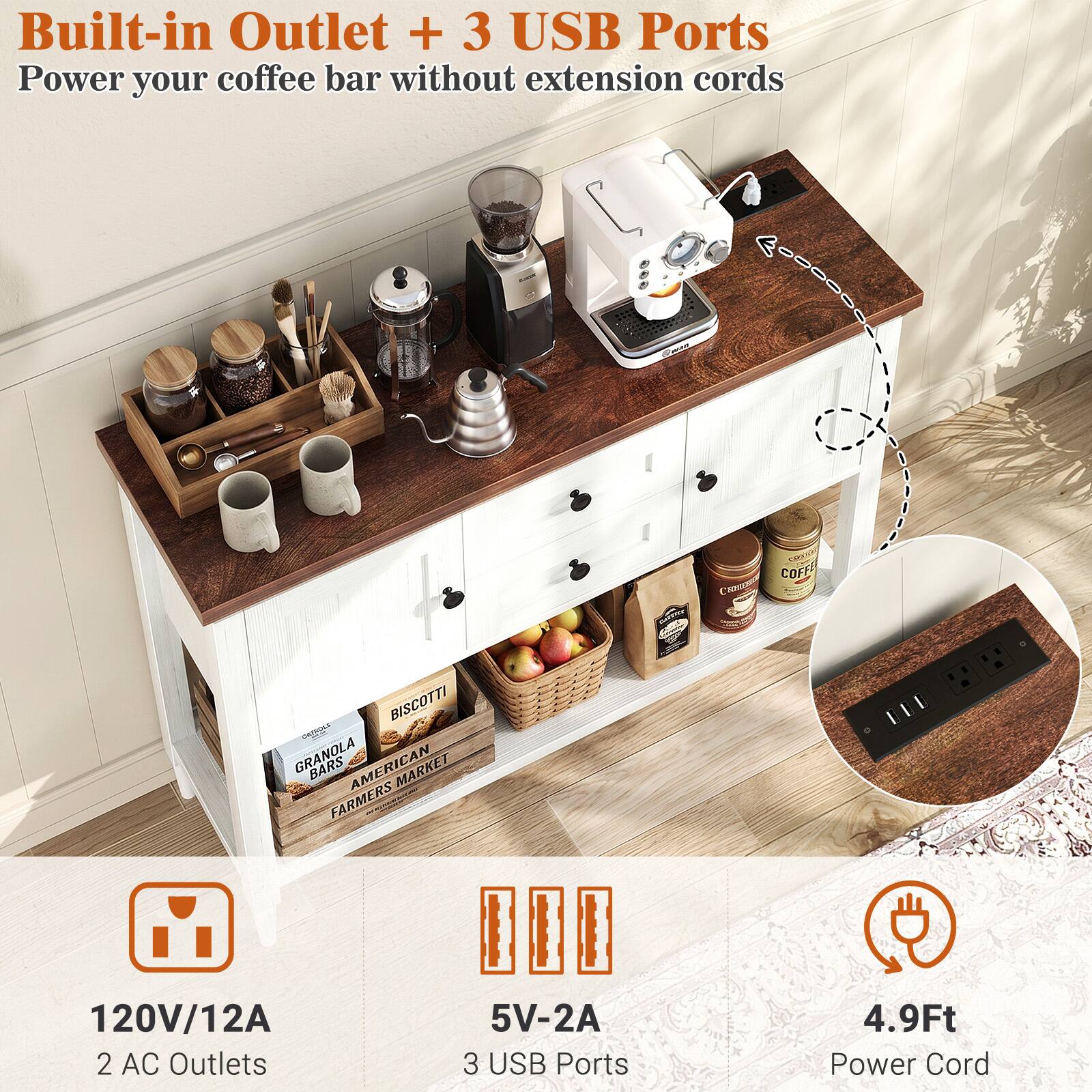 Built-in Outlet + 3 USB Ports  
Power your coffee bar without extension cords

COOKIE COMMENTE COFFEE  
DEPAUSE BISCOTTI GRANOLA BARS AMERICAN MARKET FARMERS

120V/12A  
2 AC Outlets  
5V-2A  
3 USB Ports  
4.9Ft Power Cord