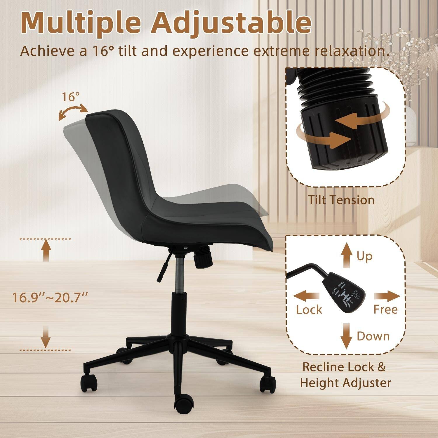 Multiple Adjustable  
Achieve a 16° tilt and experience extreme relaxation.  

16° Tilt  
Tilt Tension  

16.9" ~ 20.7"  

Recline Lock & Height Adjuster  
Up  
Lock  
Free  
Down