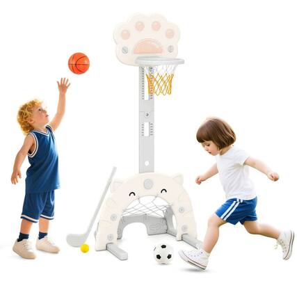 Front. Resenkos - 3-in-1 Kids Basketball Hoop with Ball & Foldable Rim - Adjustable Sports Toy - Gray and White.