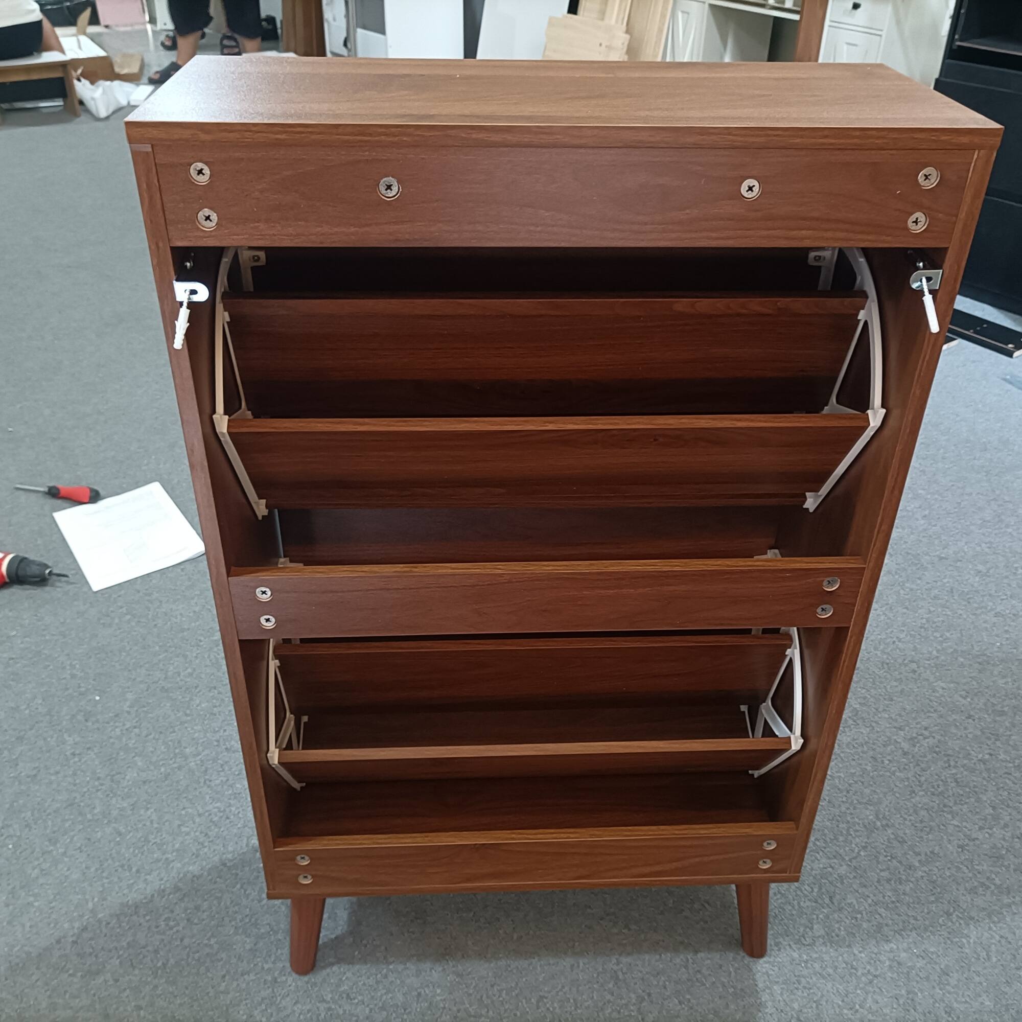 Back. GOODSILO - Farmhouse Style Shoe Storage Cabinet with Flip Drawers and Adjustable Dividers for Entryway Organization - Walnut.