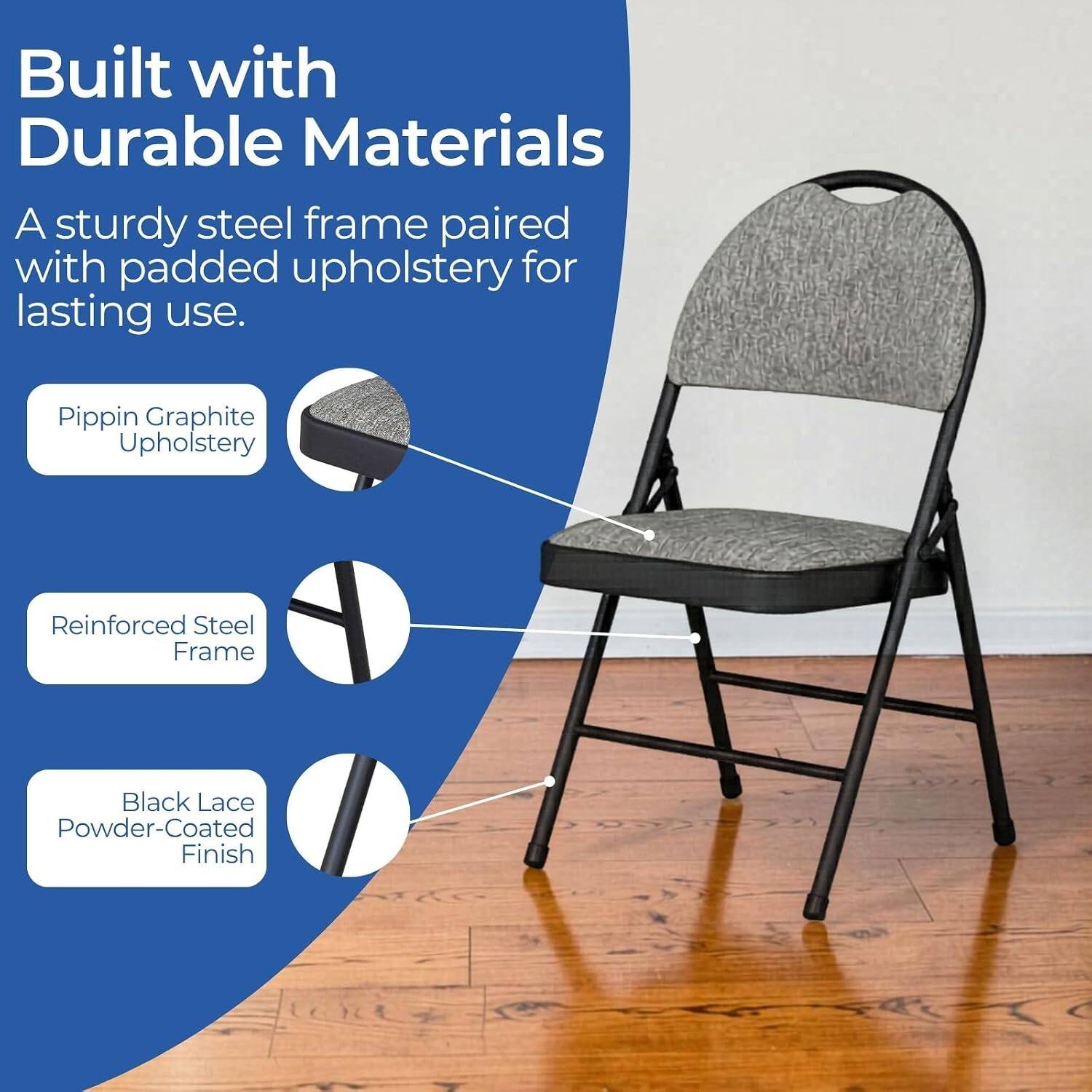 Built with Durable Materials  
A sturdy steel frame paired with padded upholstery for lasting use.  

- Pippin Graphite Upholstery  
- Reinforced Steel Frame  
- Black Lace Powder-Coated Finish