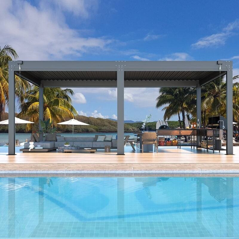 Alt View 4. U-HOMY - 12x20 ft Outdoor Aluminum Pergola with Adjustable Rainproof Roof & Privacy Screens - Dark Grey.