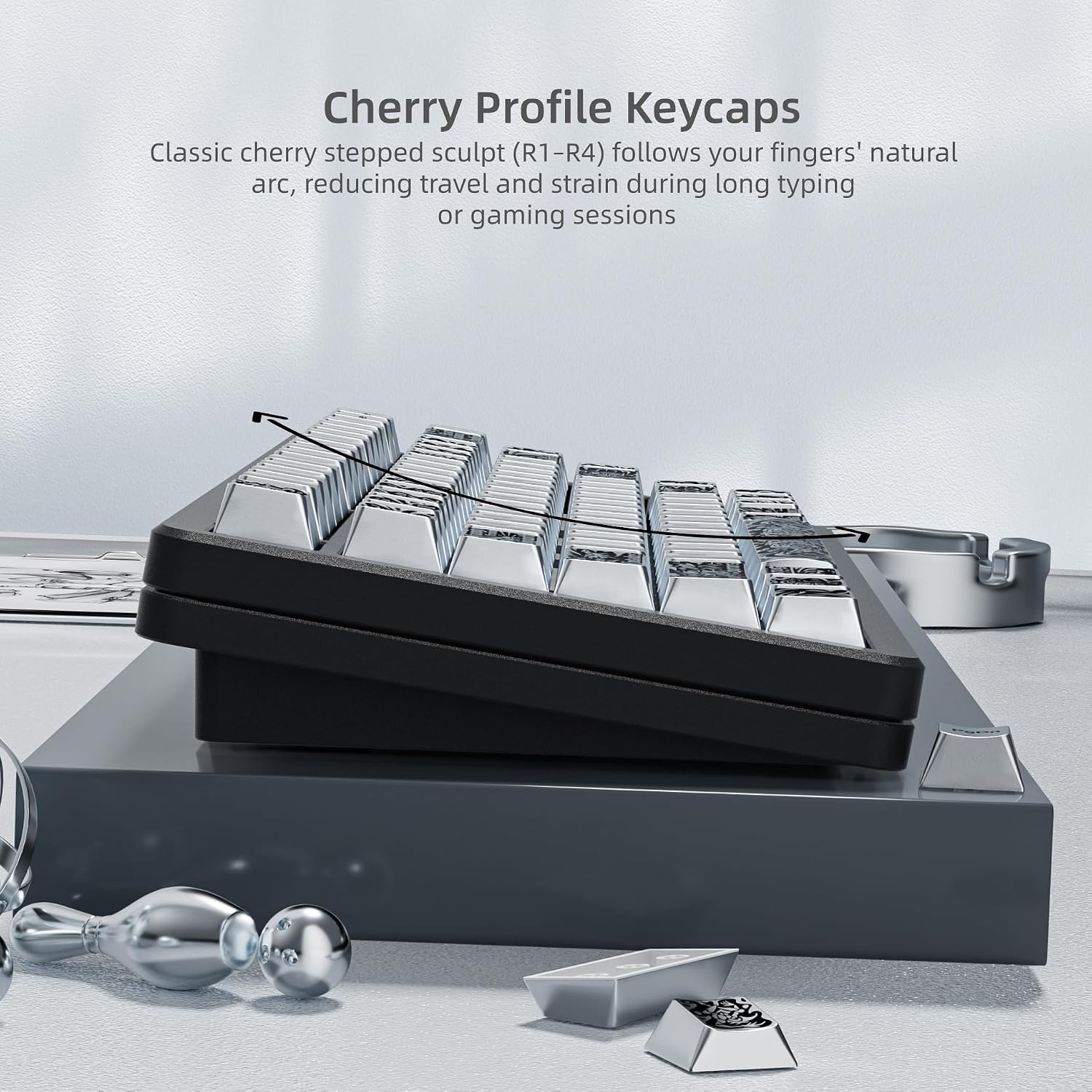 Cherry Profile Keycaps

Classic cherry stepped sculpt (R1-R4) follows your fingers' natural arc, reducing travel and strain during long typing or gaming sessions