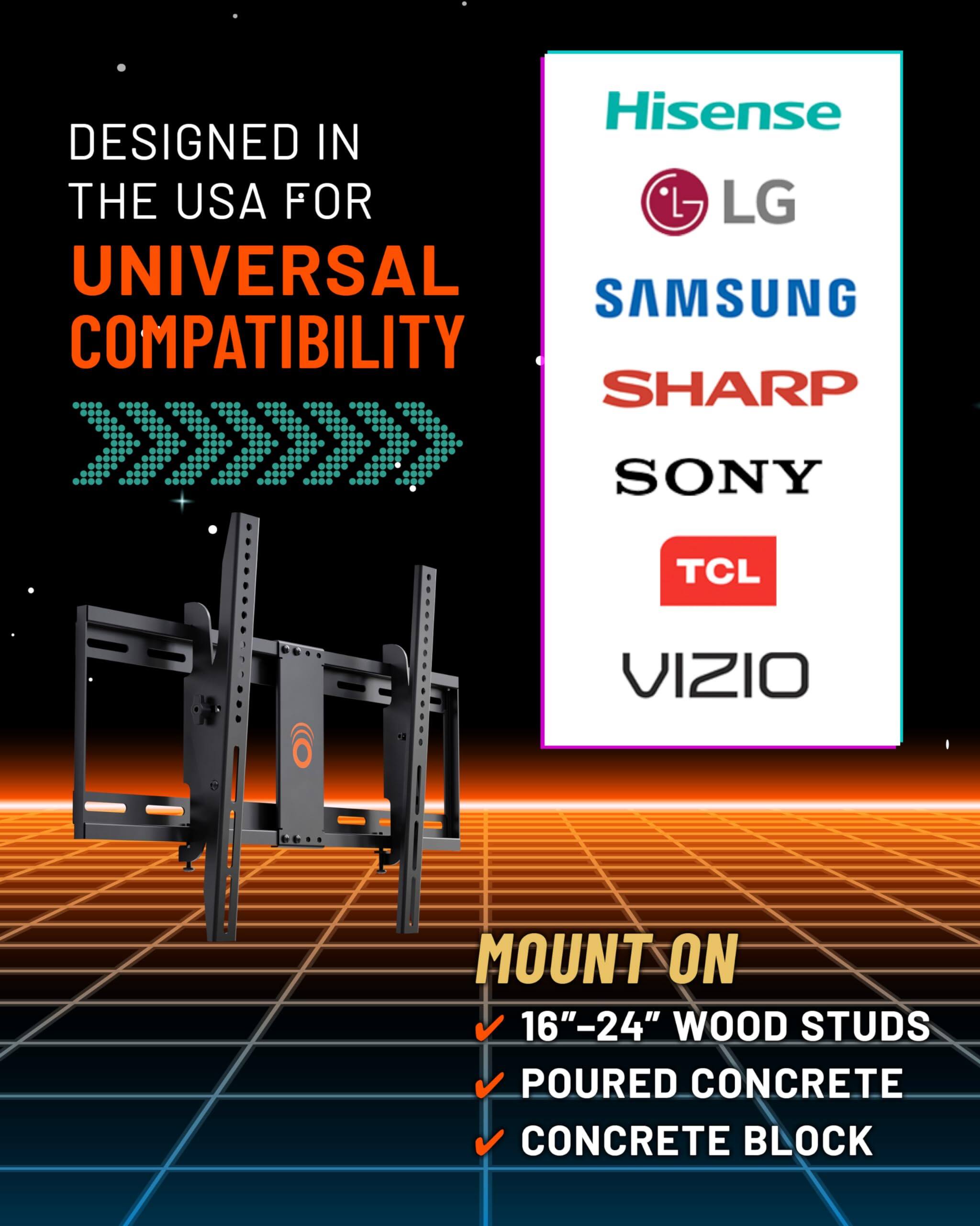 Hisense DESIGNED IN THE USA FOR UNIVERSAL COMPATIBILITY L LG SAMSUNG SHARP SONY TCL VIZIO MOUNT ON 16"-24" WOOD STUDS POURED CONCRETE CONCRETE BLOCK