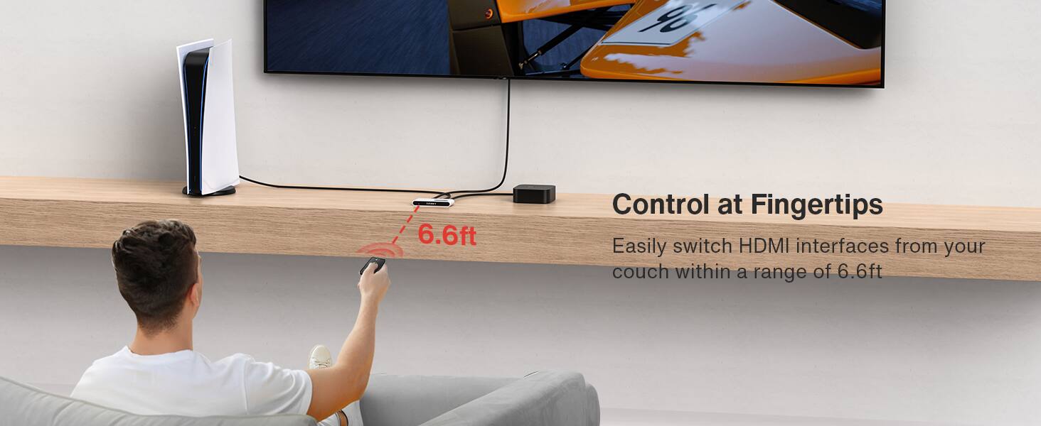 Control at Fingertips

Easily switch HDMI interfaces from your couch within a range of 6.6ft