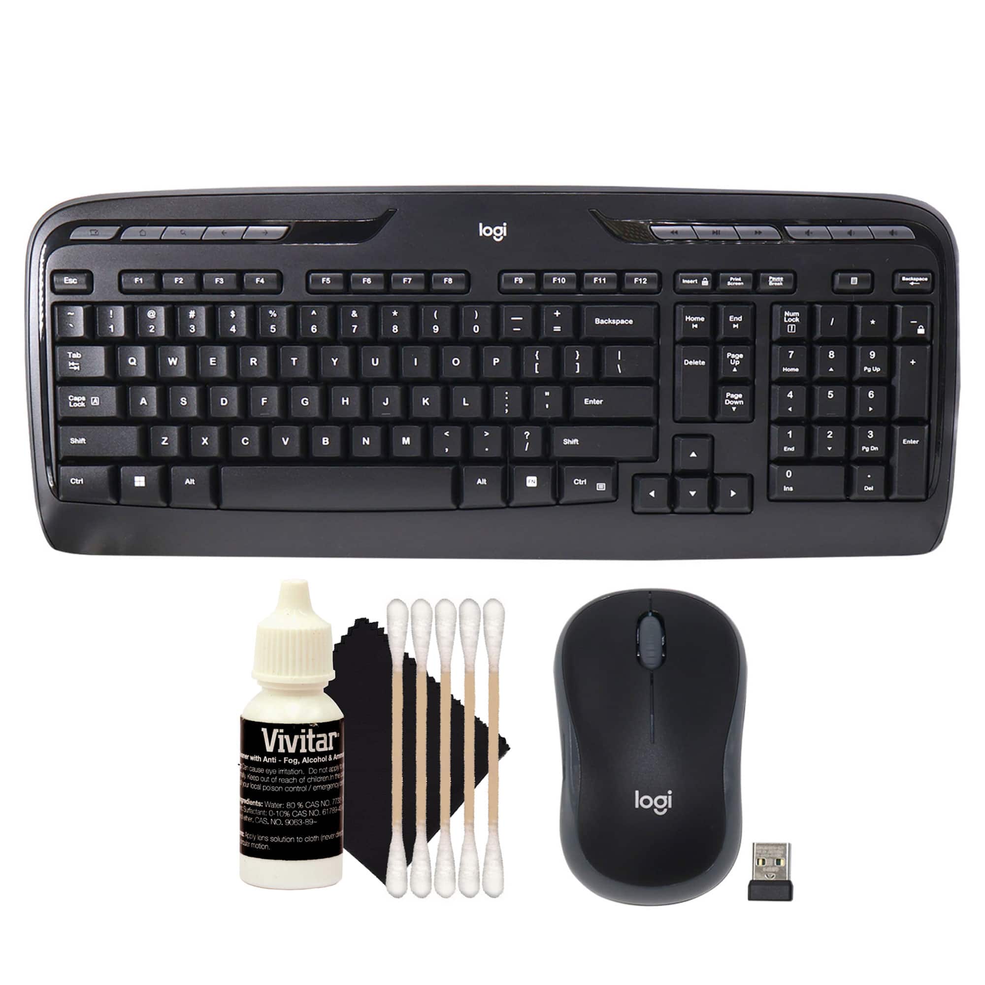 Logitech - MK320 Full-size Wireless Membrane Keyboard and Mouse Bundle for PC - with 3pc Cleaning Kit - Black