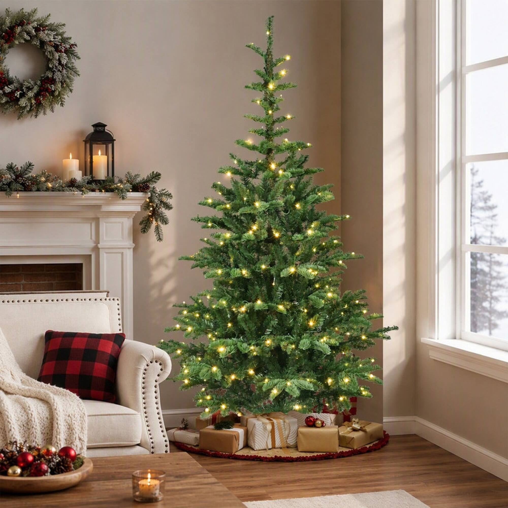 Angle. RYHNUYNE - 7FT Pre-Lit Christmas Tree, 400 Warm White LED Lights 941 PE+PVC Tips Realistic Layered Look Unique Wooden Base - Green.