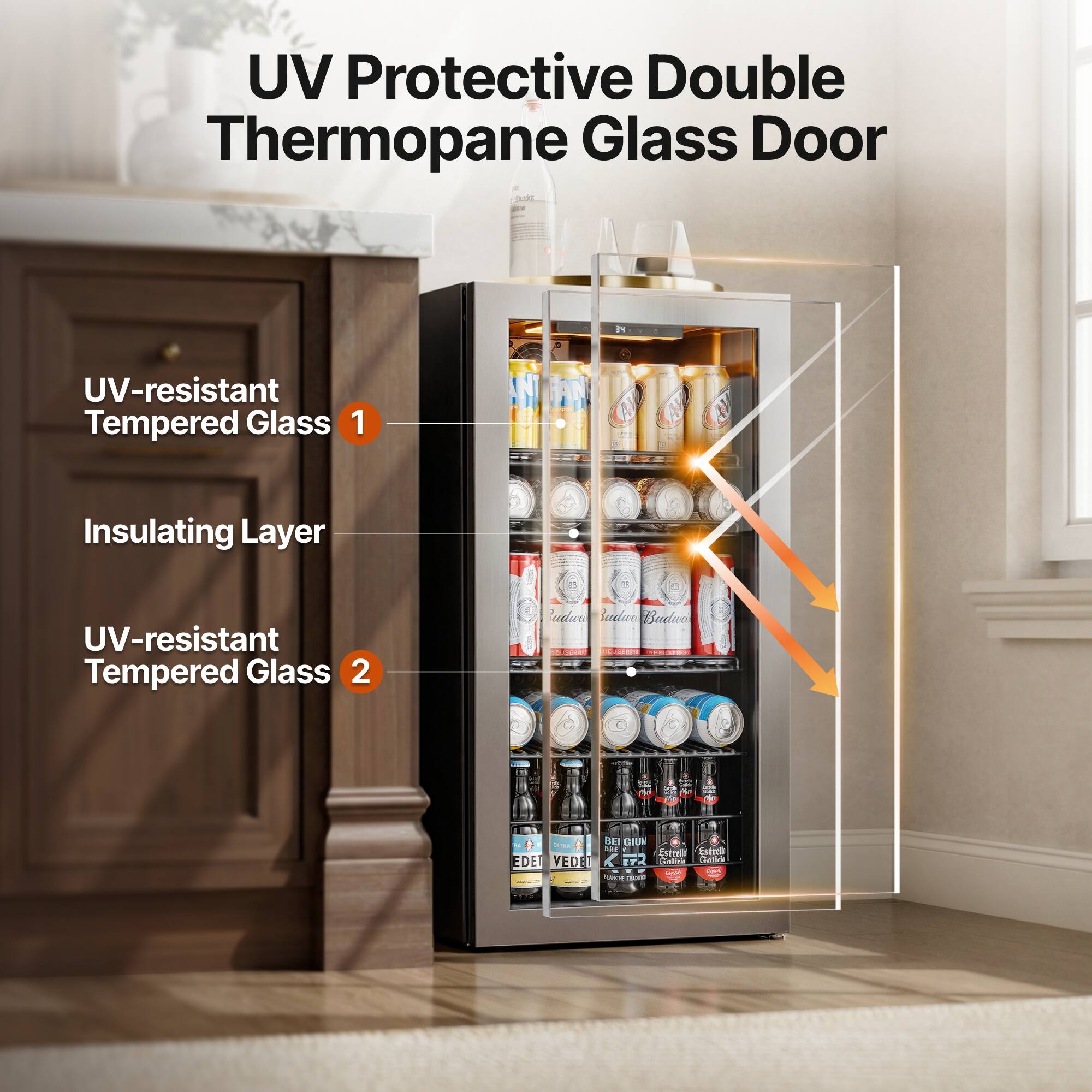 UV Protective Double Thermopane Glass Door - J - UV-resistant Tempered Glass 1 N Insulating Layer UV-resistant Tempered Glass 2