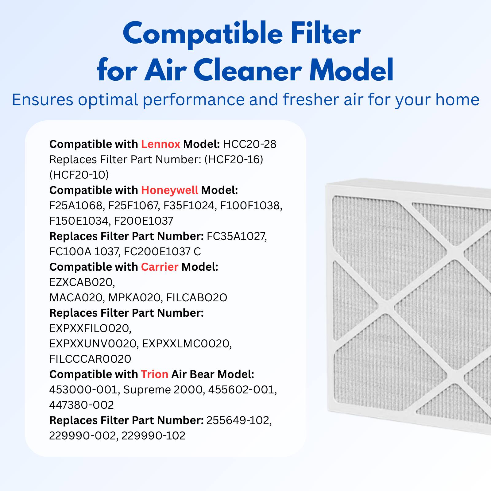 Compatible Filter for Air Cleaner Model  
Ensures optimal performance and fresher air for your home  

Compatible with Lennox Model: HCC20-28  
Replaces Filter Part Number: (HCF20-16) (HCF20-10)  

Compatible with Honeywell Model: F25A1068, F25F1067, F35F1024, F100F1038, F150E1034, F200E1037  
Replaces Filter Part Number: FC35A1027, FC100A 1037, FC200E1037 C  

Compatible with Carrier Model: EZXCAB020, MACA020, MPKA020, FILCAB020  
Replaces Filter Part Number: EXPXXFILO020, EXPXXUNV0020, EXPXXLMC0020, FILCCCAR0020  

Compatible with Trion Air Bear Model: 453000-001, Supreme 2000,