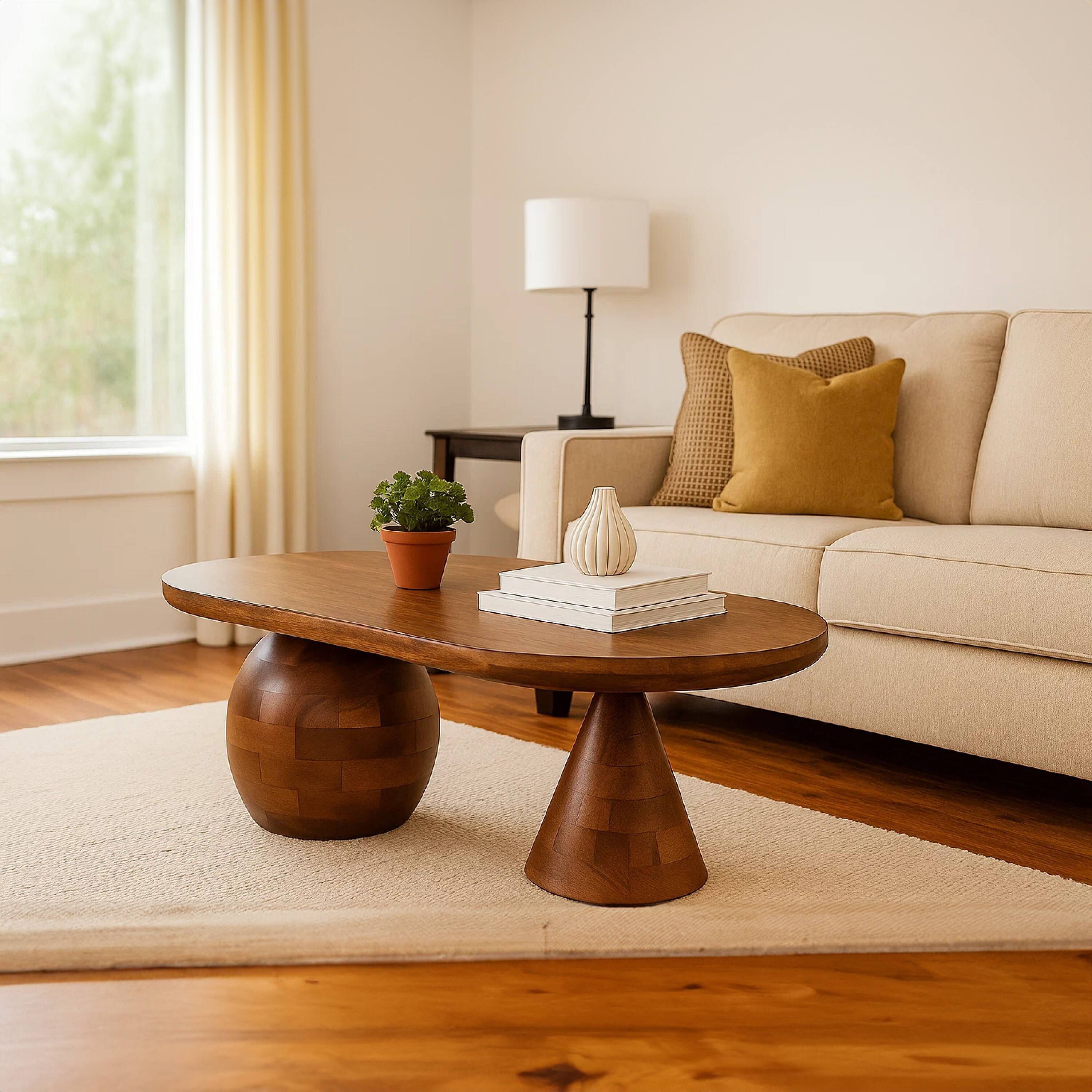 Alt View 10. Manhattan Lane - Leeds Coffee Table | 38" Handmade Mango Wood Oval Top | Round Ball and Cone Base - Brown.