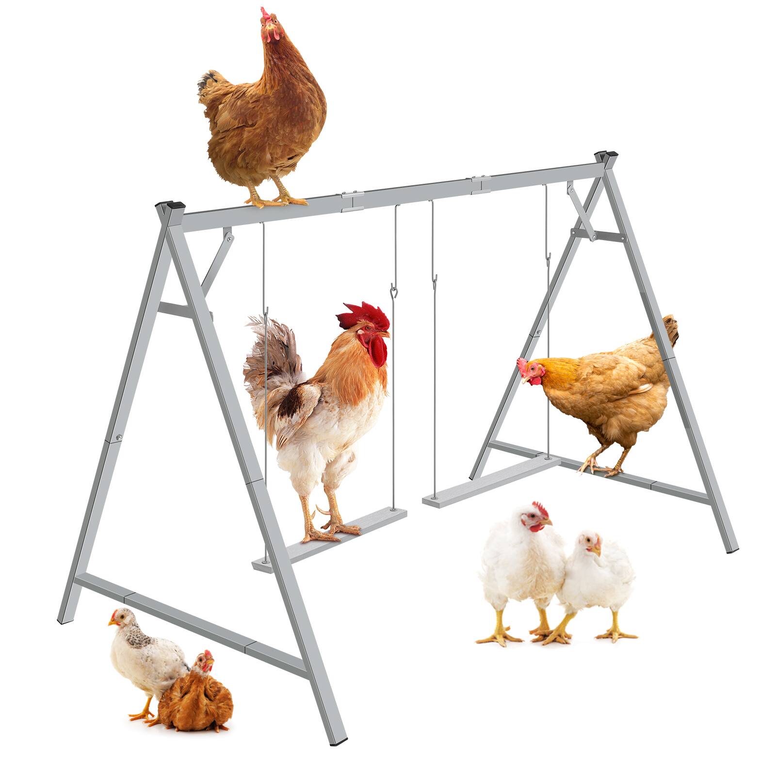 Front. Oumilen - Grey A-Frame Chicken Swing Stand with Double Wooden Perch Swings - Gray.