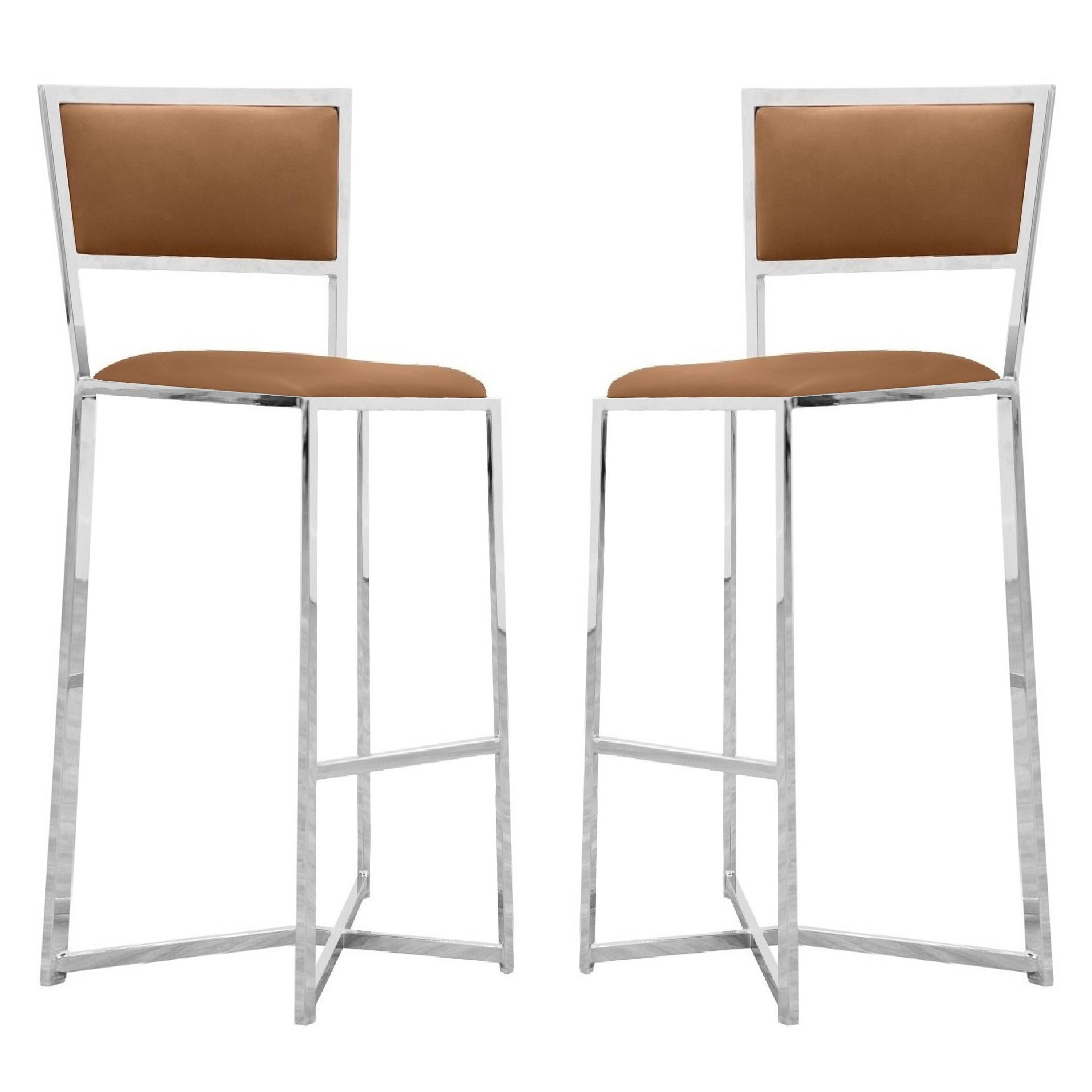 Front. Manhattan Lane - Eun 30 Inch Faux Leather Barstool, Chrome Cross Base, Set of 2 - Brown and Chrome.