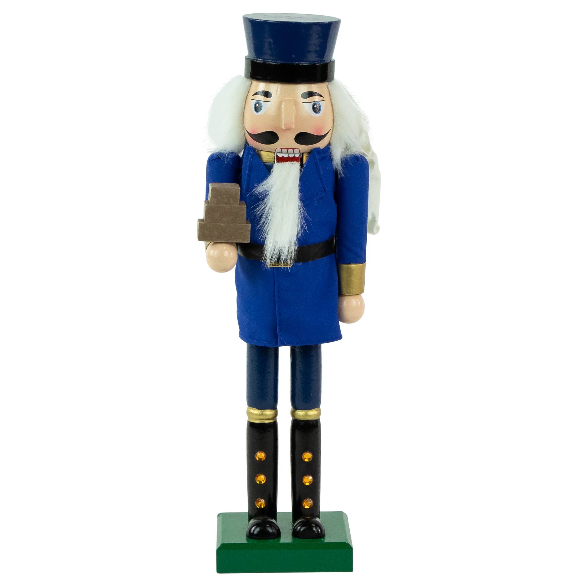 Front. Northlight - 14" Blue and Gold Wooden Mail Carrier Christmas Nutcracker - Blue.
