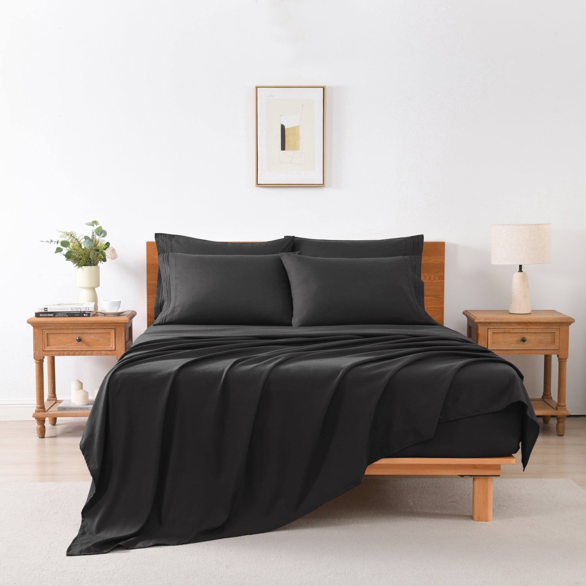 Angle. MarCielo - Marcielo 4/6 Pcs Soft Solid & Embroidery Bed Sheets Set - Black.