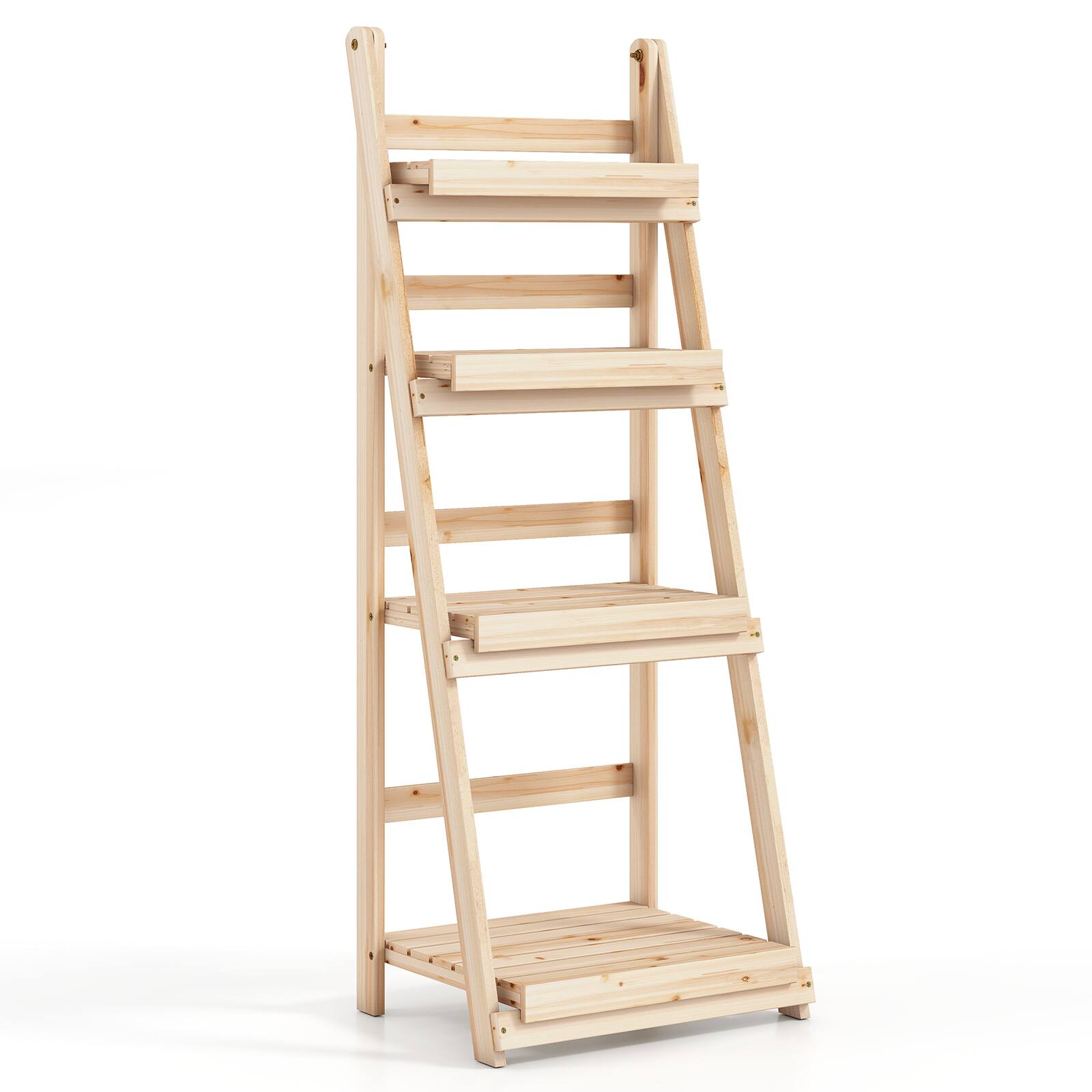 Alt View 9. Costway - Costway 4-Tier Plant Stand Foldable Ladder Plant Shelf with Slatted Shelves, Fir Wood Frame - Natural.