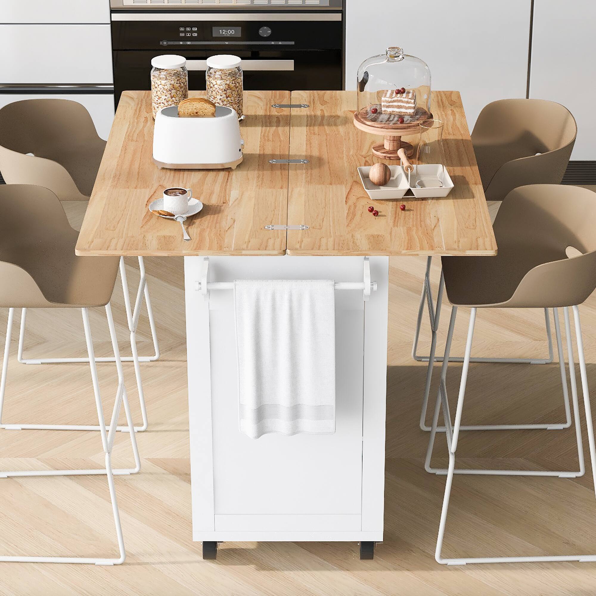 Left. PexFix - Kitchen Island with Foldable Top & Slide-Out Shelf - Rolling Cart with Drawer, Towel Rack & Lockable Wheels - White.