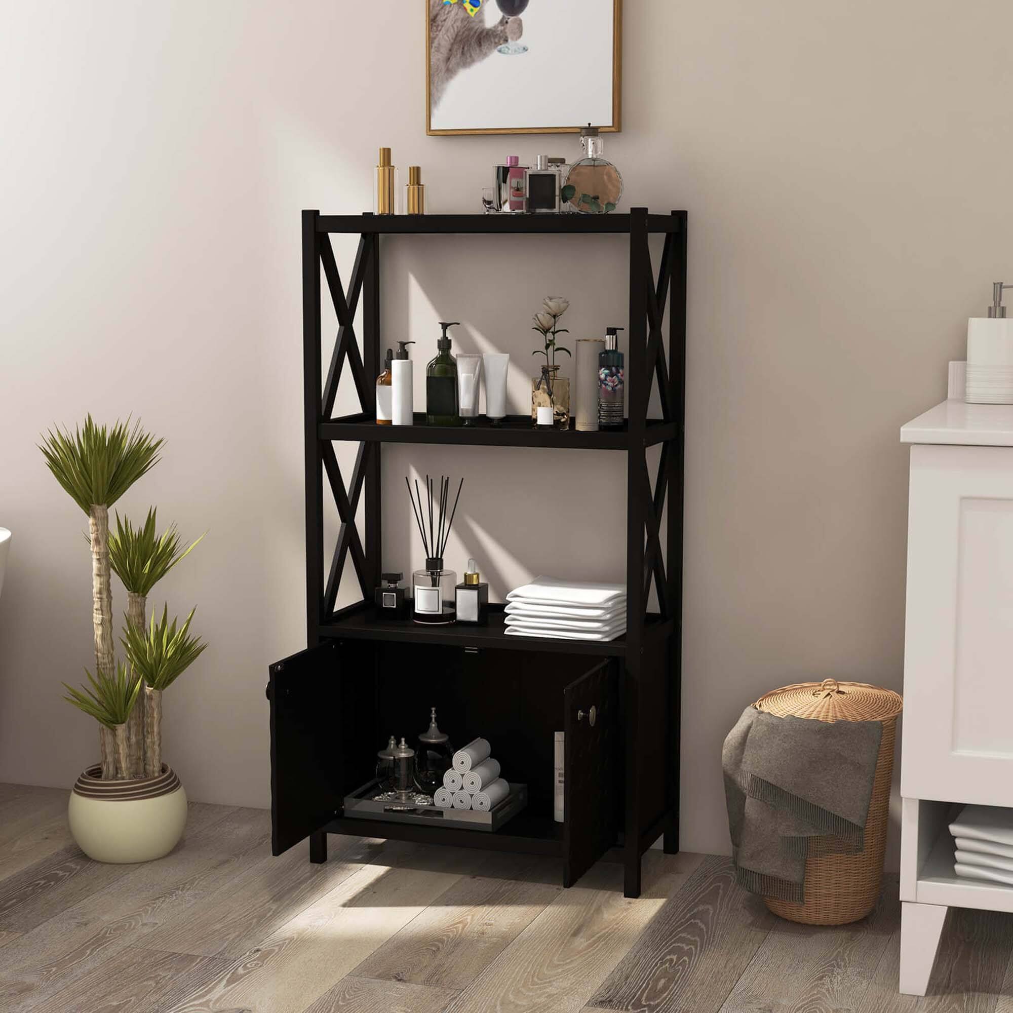 Alt View 4. Costway - Costway Bathroom Storage Cabinet with Open Shelves & Double Doors Modern Storage Organizer Black - Black.