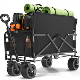 GVDV - Heavy Duty Folding Wagon with Bench Seat – 580lbs Large Collapsible Cart for Beach, Camping,Sports & Groceries - Black