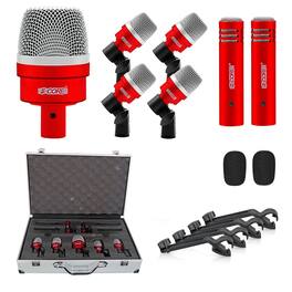 5 CORE - Drum Mic Kit 7 Pcs Kick Bass Tom Snare Dynamic Microphone Instrument Mics Set - Red